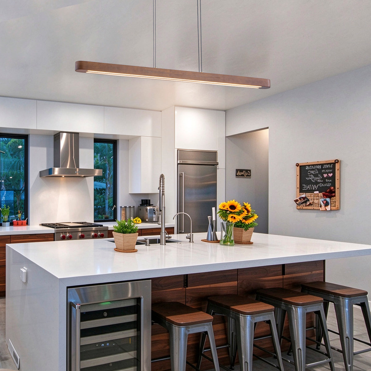 Glowlings 3-Light Modern Solid Wood Linear LED Pendant Light - Dimmable Walnut Kitchen Island Hanging Fixture