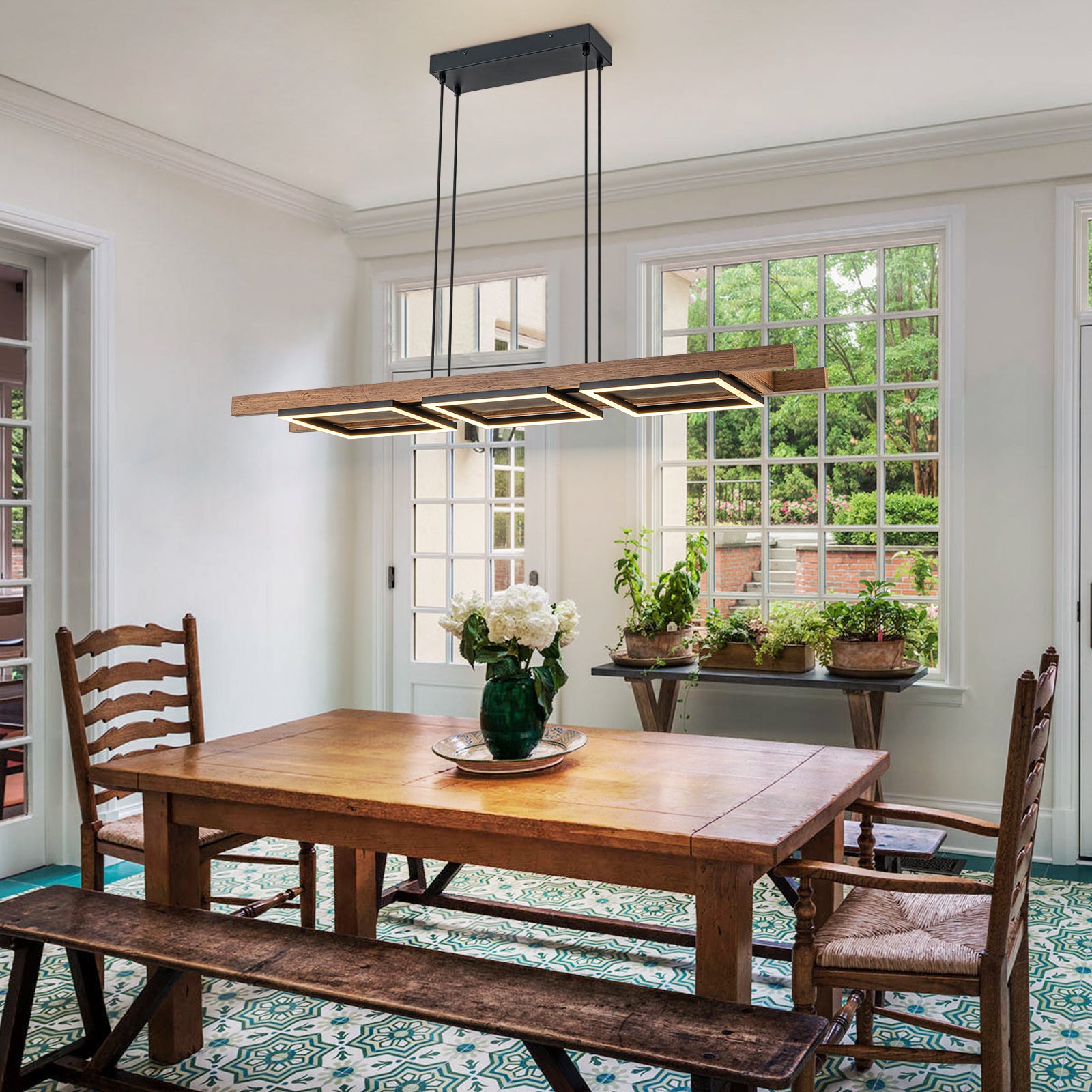 Glowlings 3-Light 47“Wide Rectangle LED Linear Wood Pendant Light Island Light