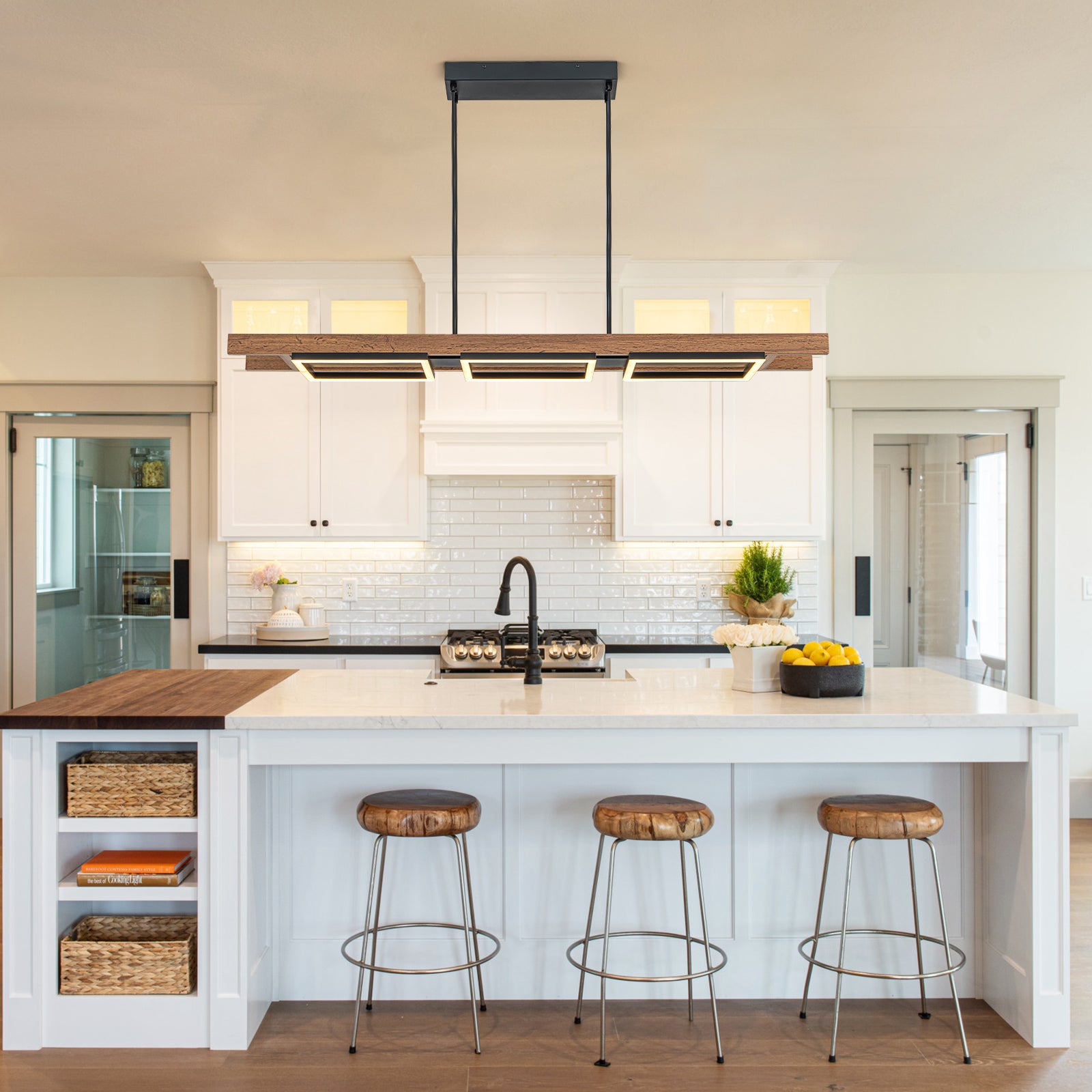 Glowlings 3-Light 47“Wide Rectangle LED Linear Wood Pendant Light Island Light
