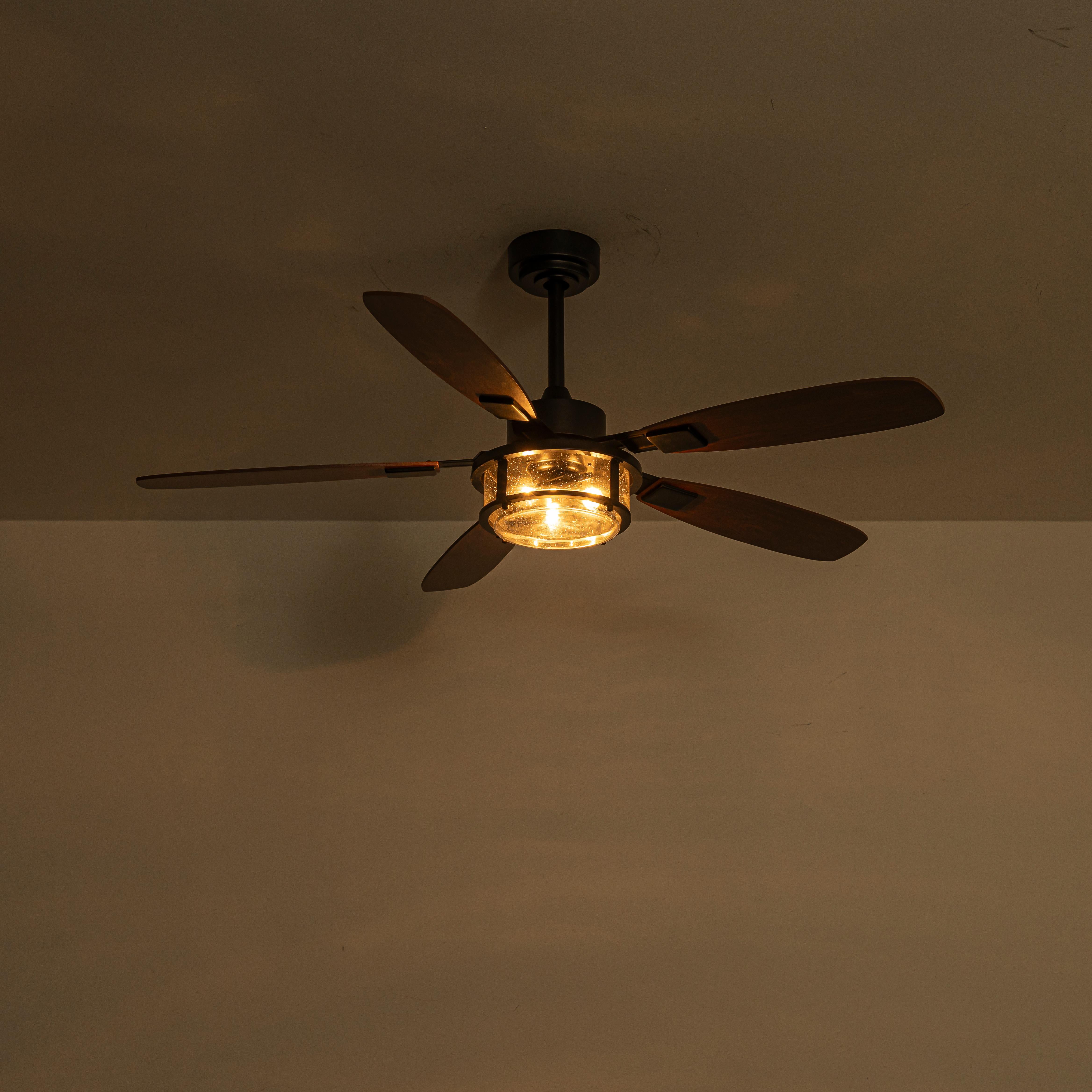 Glowlings 3-Light Rustic Large Seeded Glass Shade Wood Blades Ceiling Fan with Lights 6-Speed Quiet Motor
