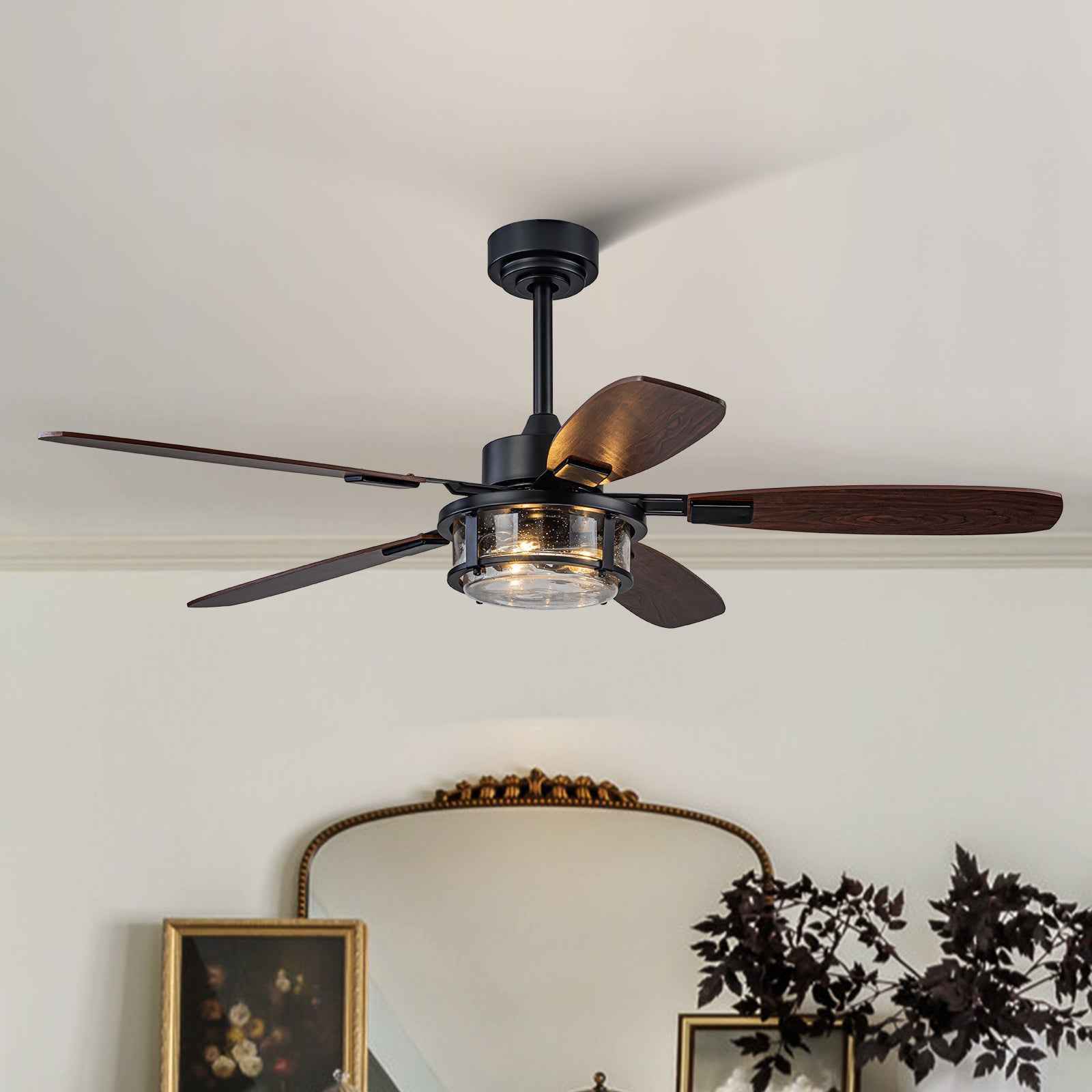 Glowlings Rustic Farmhouse 51" Ceiling Fan with Lights - 3-Light Seeded Glass Shade, Wood Blades, 6-Speed Quiet Reversible Motor with Remote