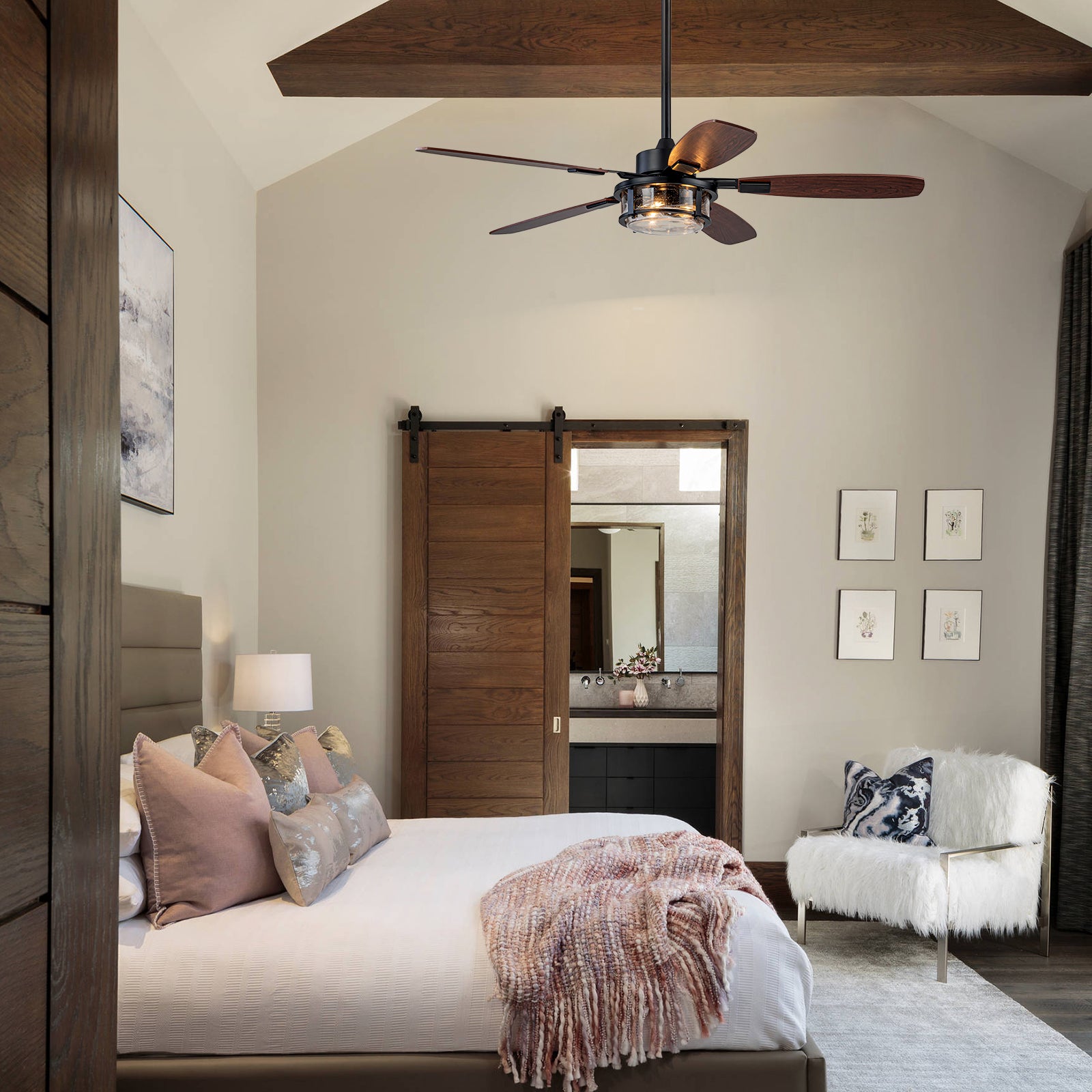 Glowlings Rustic Farmhouse 51" Ceiling Fan with Lights - 3-Light Seeded Glass Shade, Wood Blades, 6-Speed Quiet Reversible Motor with Remote