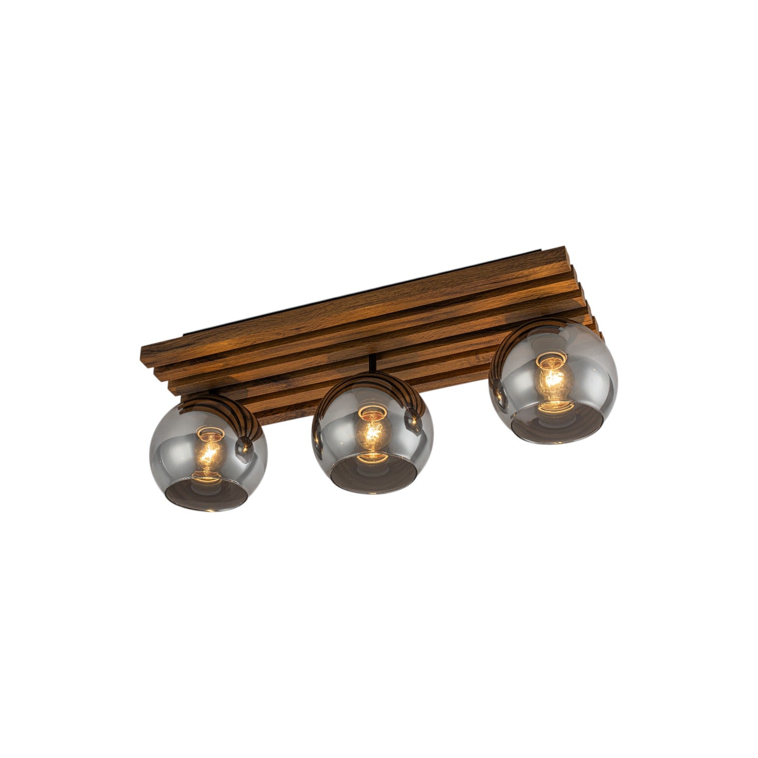 Glowlings 3-Light Rustic 24"Wide Linear Walnut Wood Finish Flush Mount Track Lighting with Smoked Gray Glass Shade