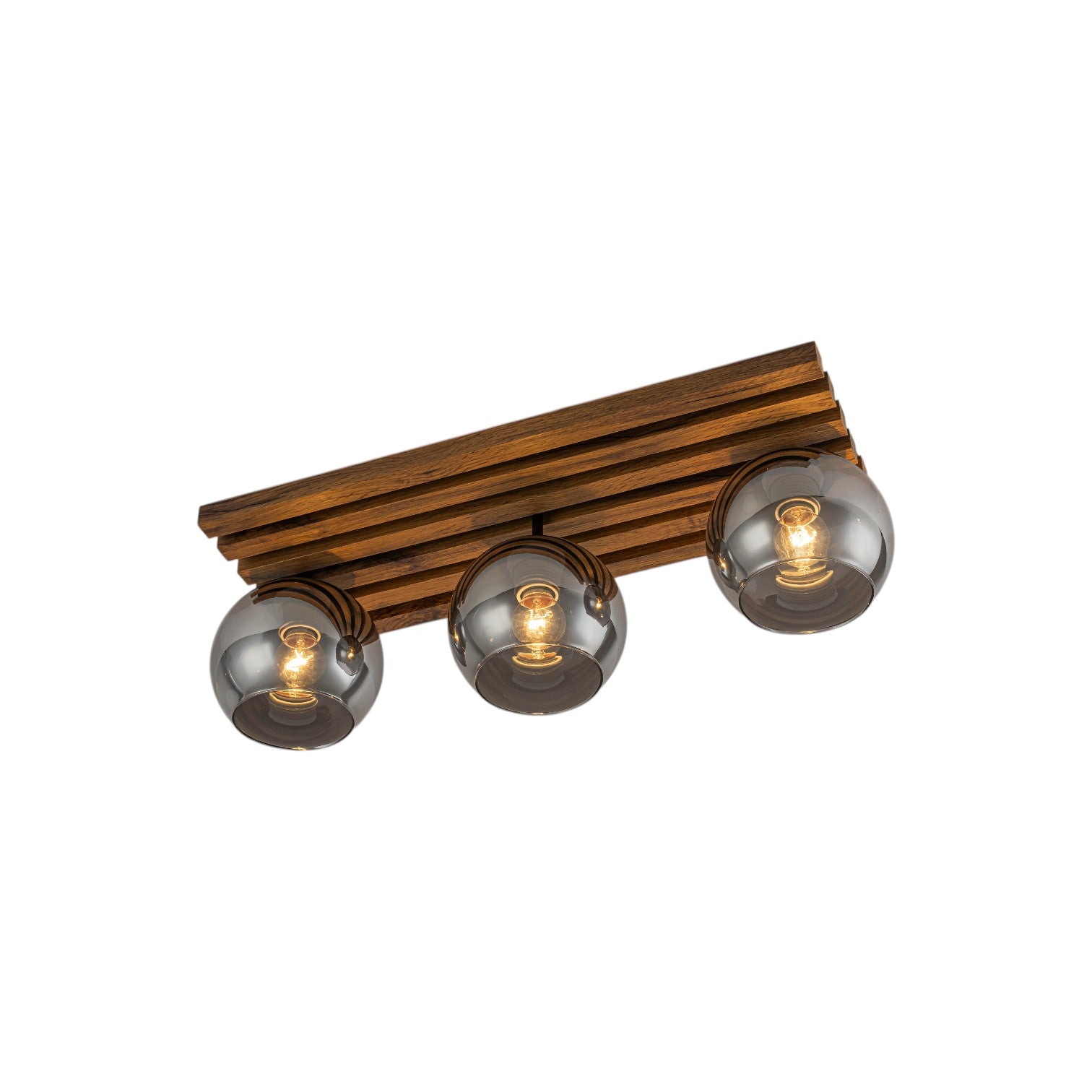 Glowlings 3-Light Rustic 24"Wide Linear Walnut Wood Finish Flush Mount Track Lighting with Smoked Gray Glass Shade