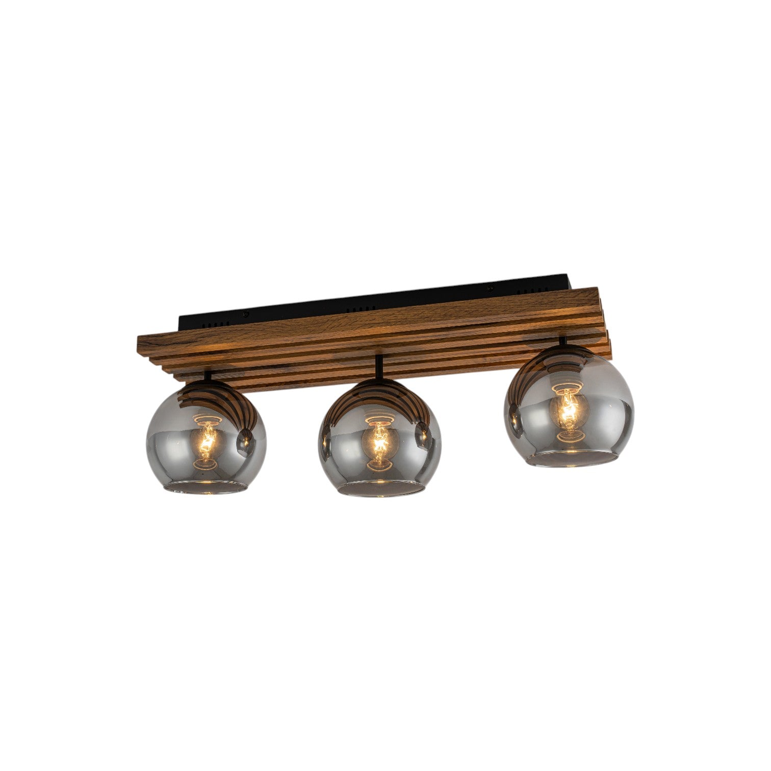 Glowlings 3-Light Rustic 24"Wide Linear Walnut Wood Finish Flush Mount Track Lighting with Smoked Gray Glass Shade