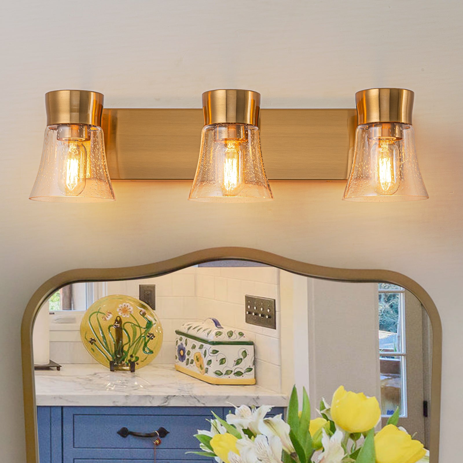 Glowlings 3-Light Vintage Antique Brass Cone Seeded Glass Bathroom Vanity Light