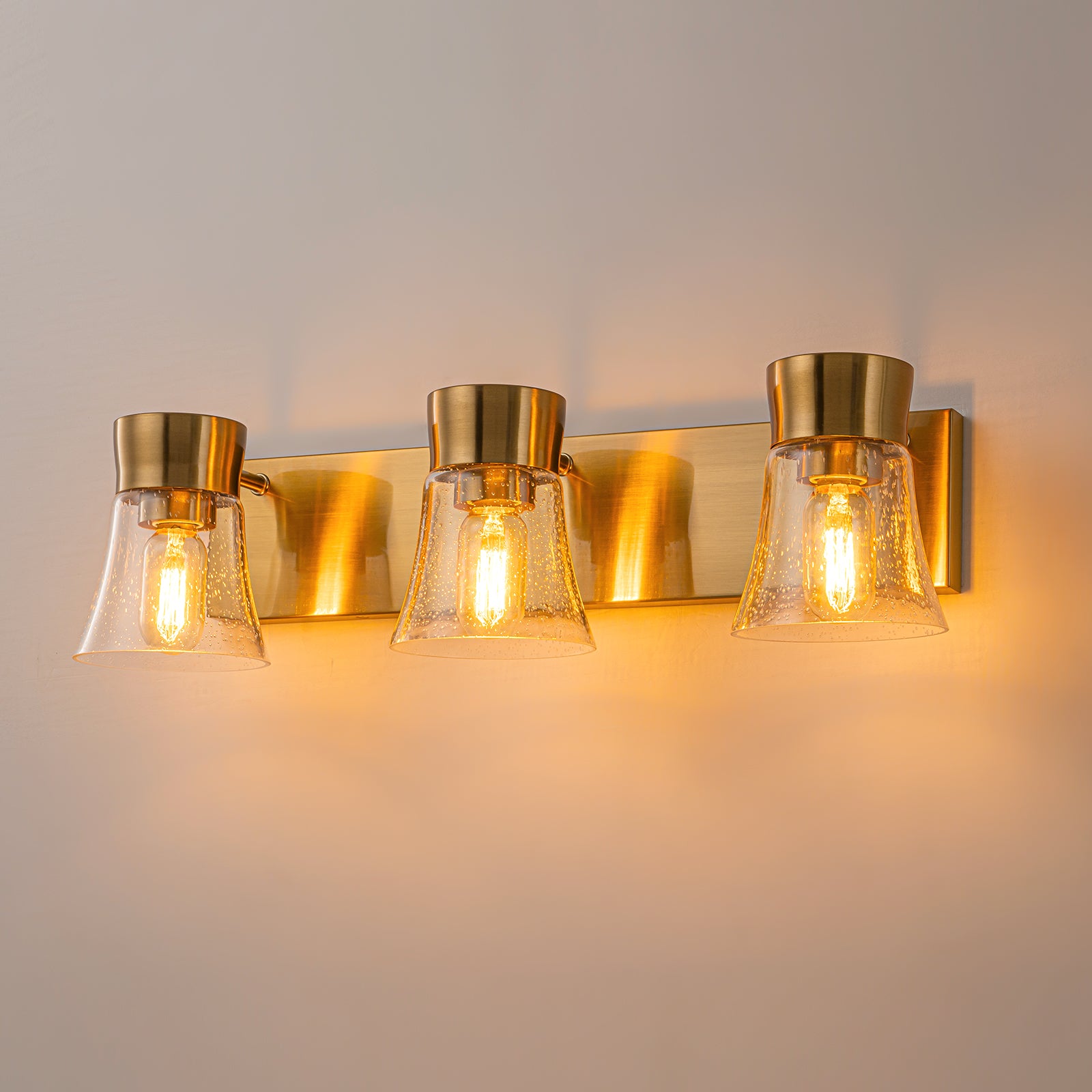 Glowlings 3-Light Vintage Antique Brass Cone Seeded Glass Bathroom Vanity Light