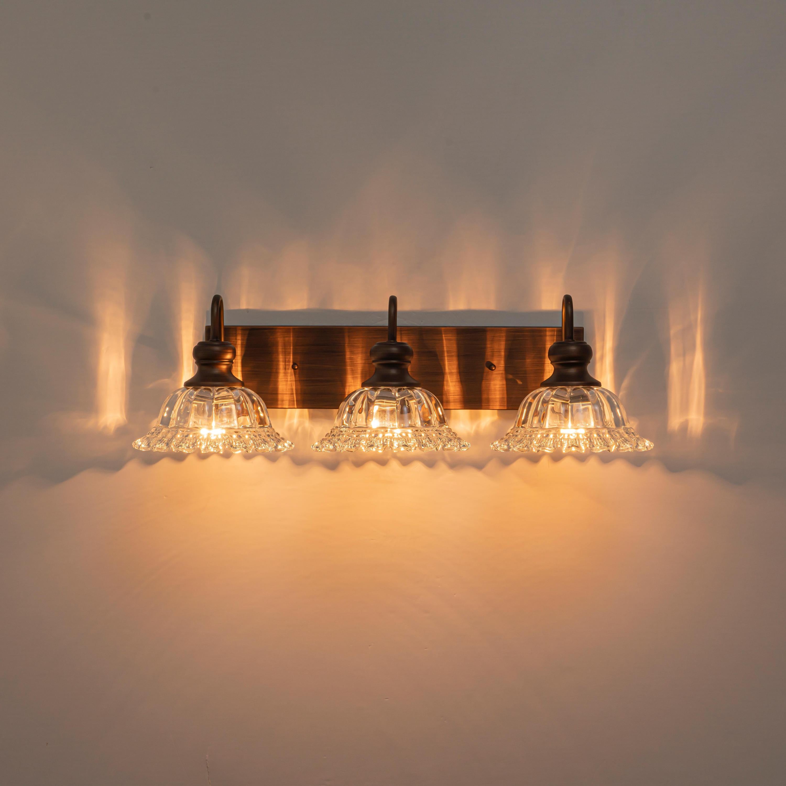 Glowlings 3/4-Light Vintage Antique Bronze Clear Glass Flower Shaped Bathroom Vanity Light