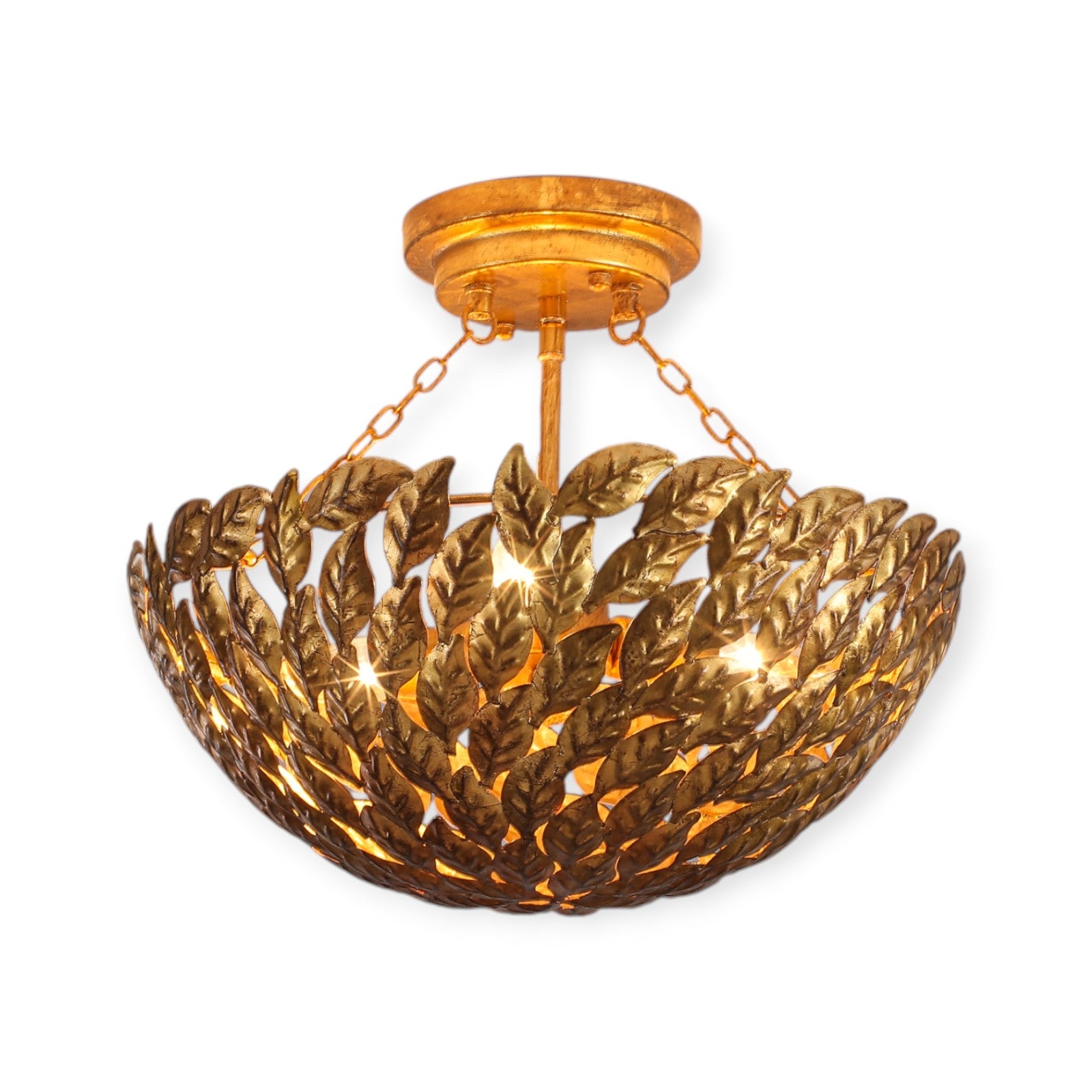 Glowlings 3-Light Vintage 16"Wide Antique Gild Gold Leaf Leaves Round Semi-Flush Mount