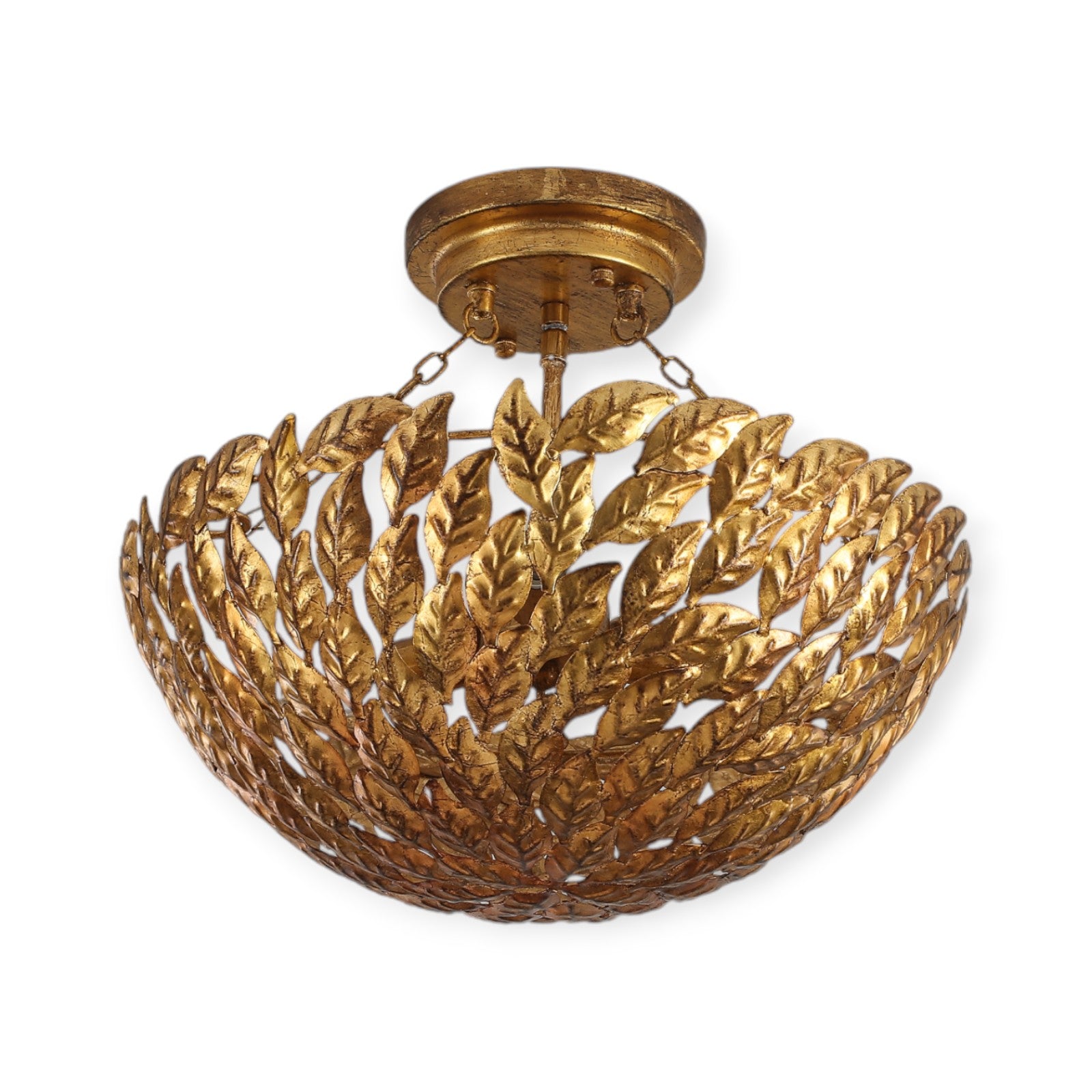 Glowlings 3-Light Vintage 16"Wide Antique Gild Gold Leaf Leaves Round Semi-Flush Mount