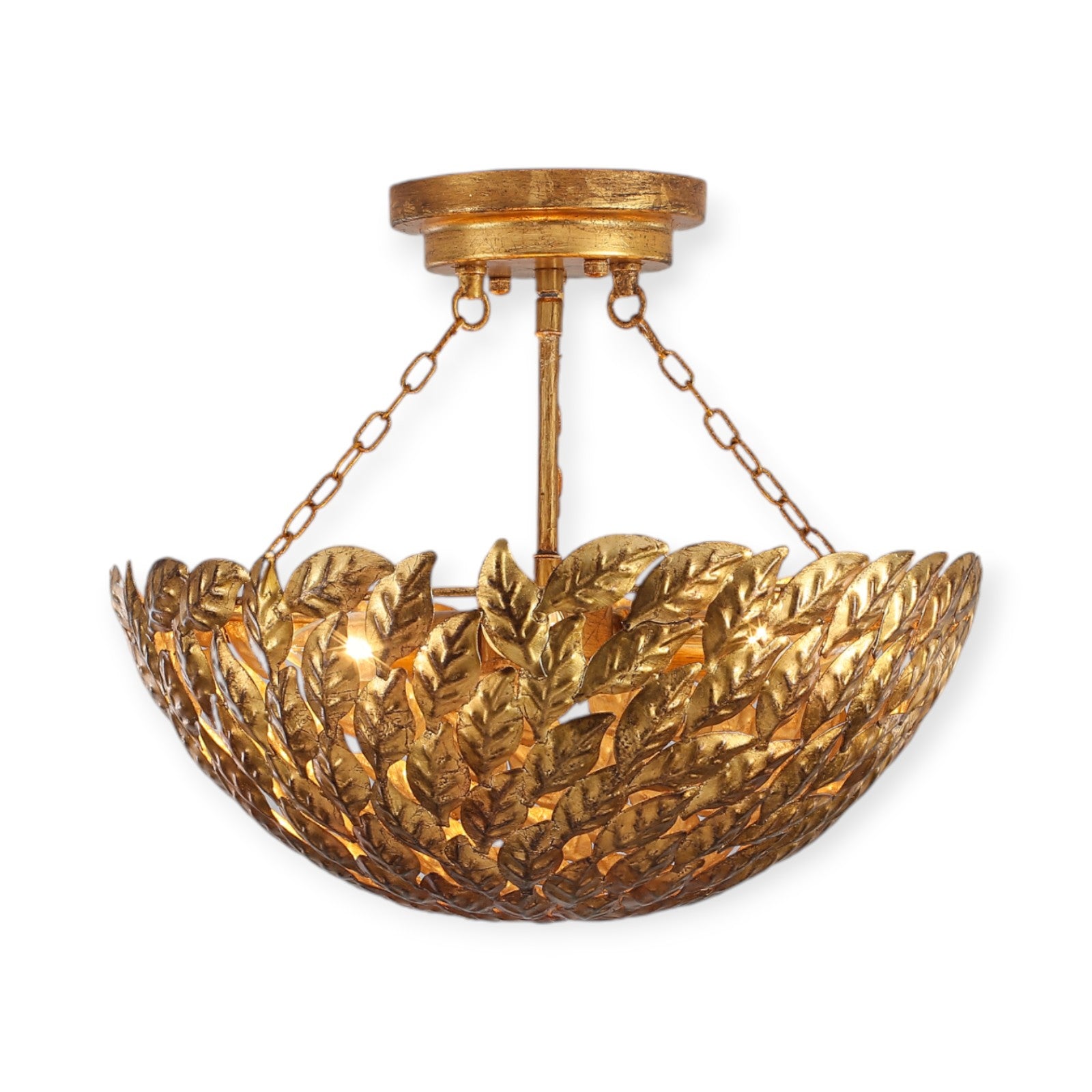 Glowlings 3-Light Vintage 16"Wide Antique Gild Gold Leaf Leaves Round Semi-Flush Mount