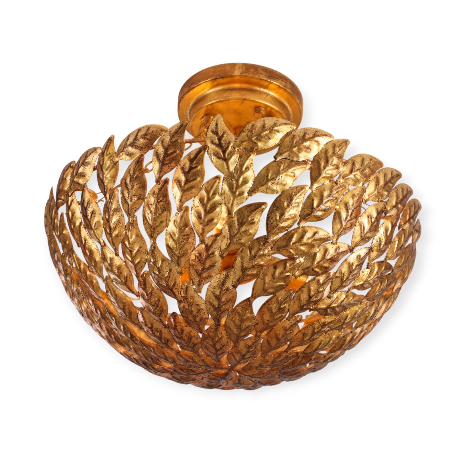 Glowlings 3-Light Vintage 16"Wide Antique Gild Gold Leaf Leaves Round Semi-Flush Mount