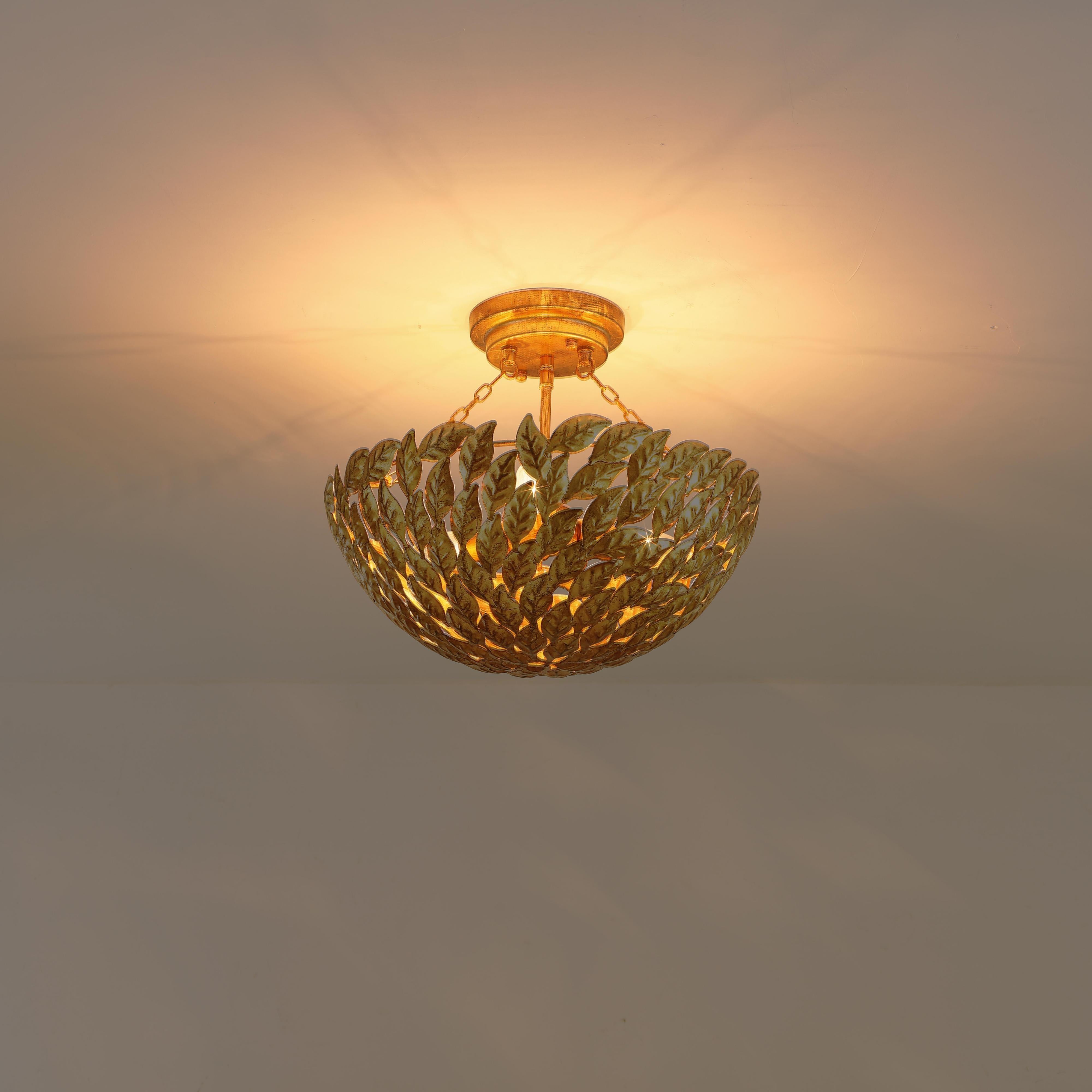 Glowlings 3-Light Vintage 16"Wide Antique Gild Gold Leaf Leaves Round Semi-Flush Mount