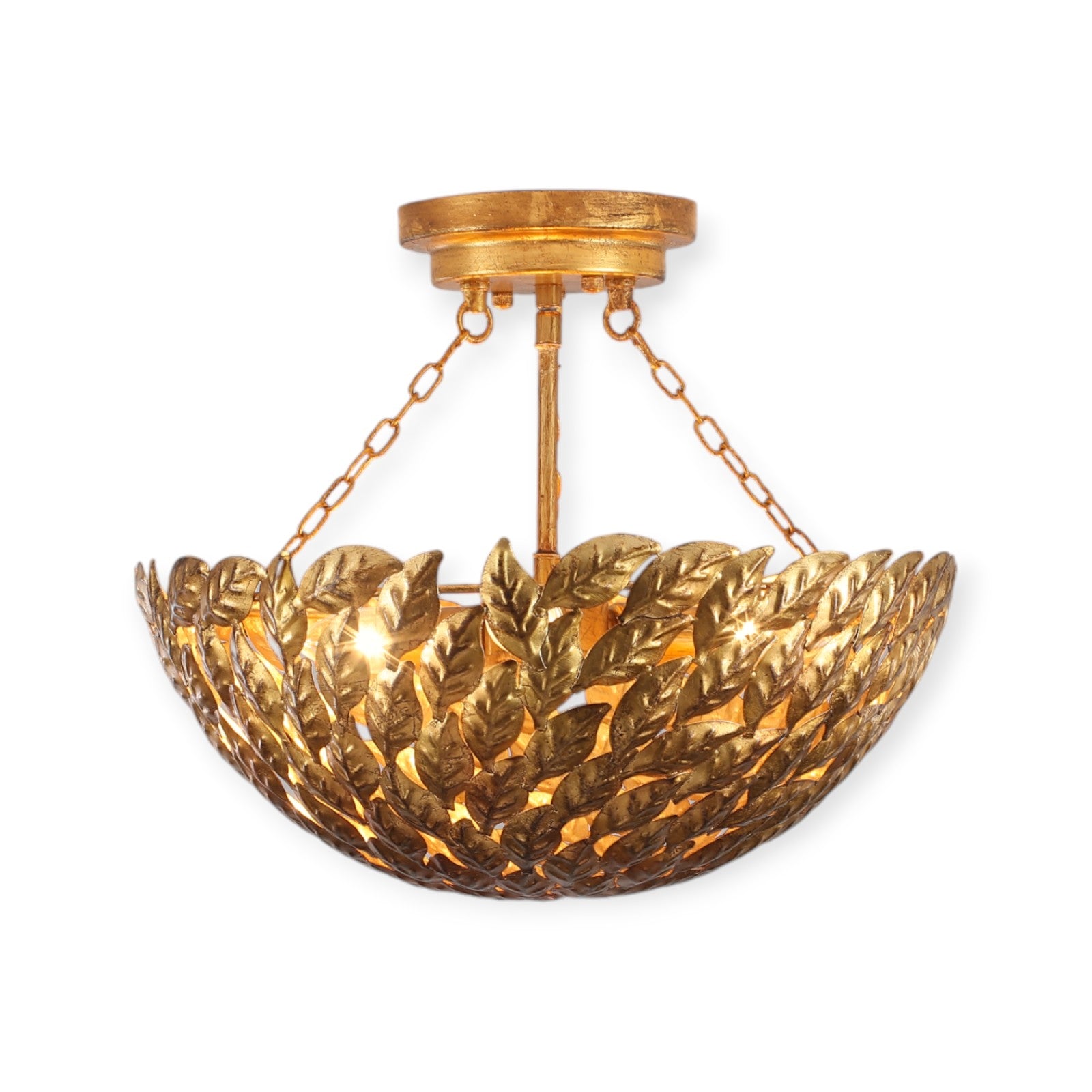 Glowlings 3-Light Vintage 16"Wide Antique Gild Gold Leaf Leaves Round Semi-Flush Mount