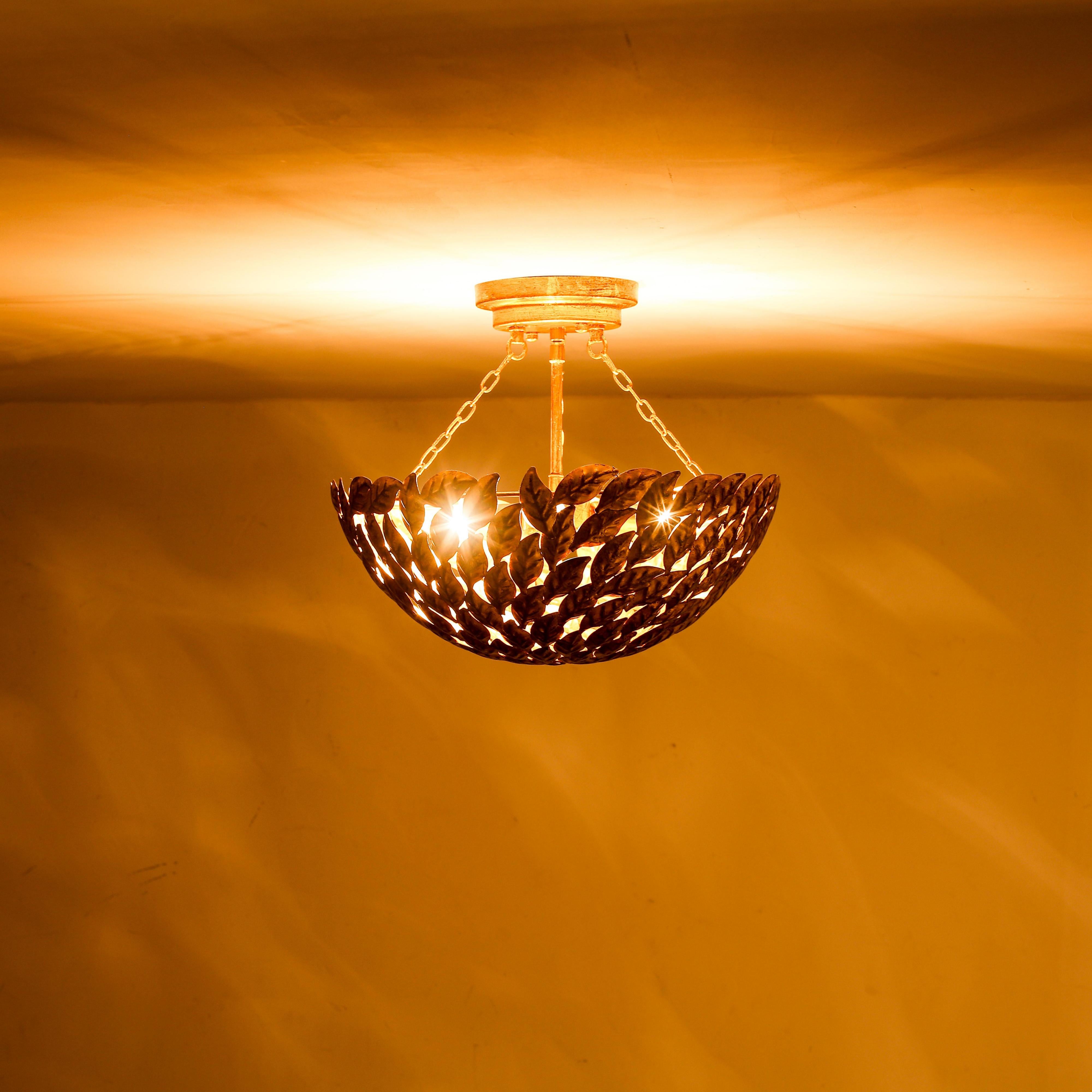 Glowlings 3-Light Vintage 16"Wide Antique Gild Gold Leaf Leaves Round Semi-Flush Mount