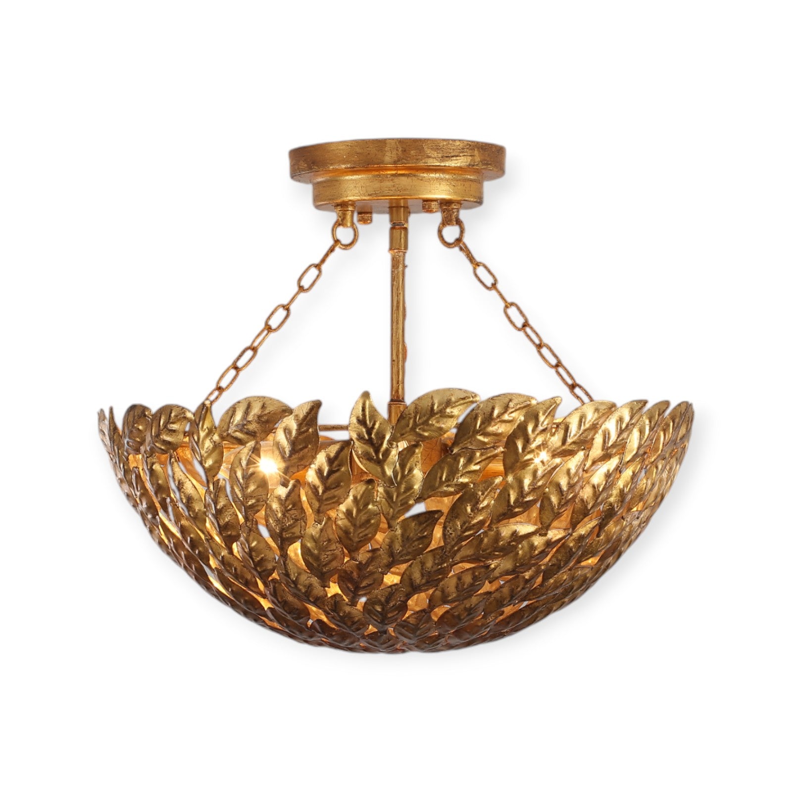 Glowlings 3-Light Vintage 16"Wide Antique Gild Gold Leaf Leaves Round Semi-Flush Mount