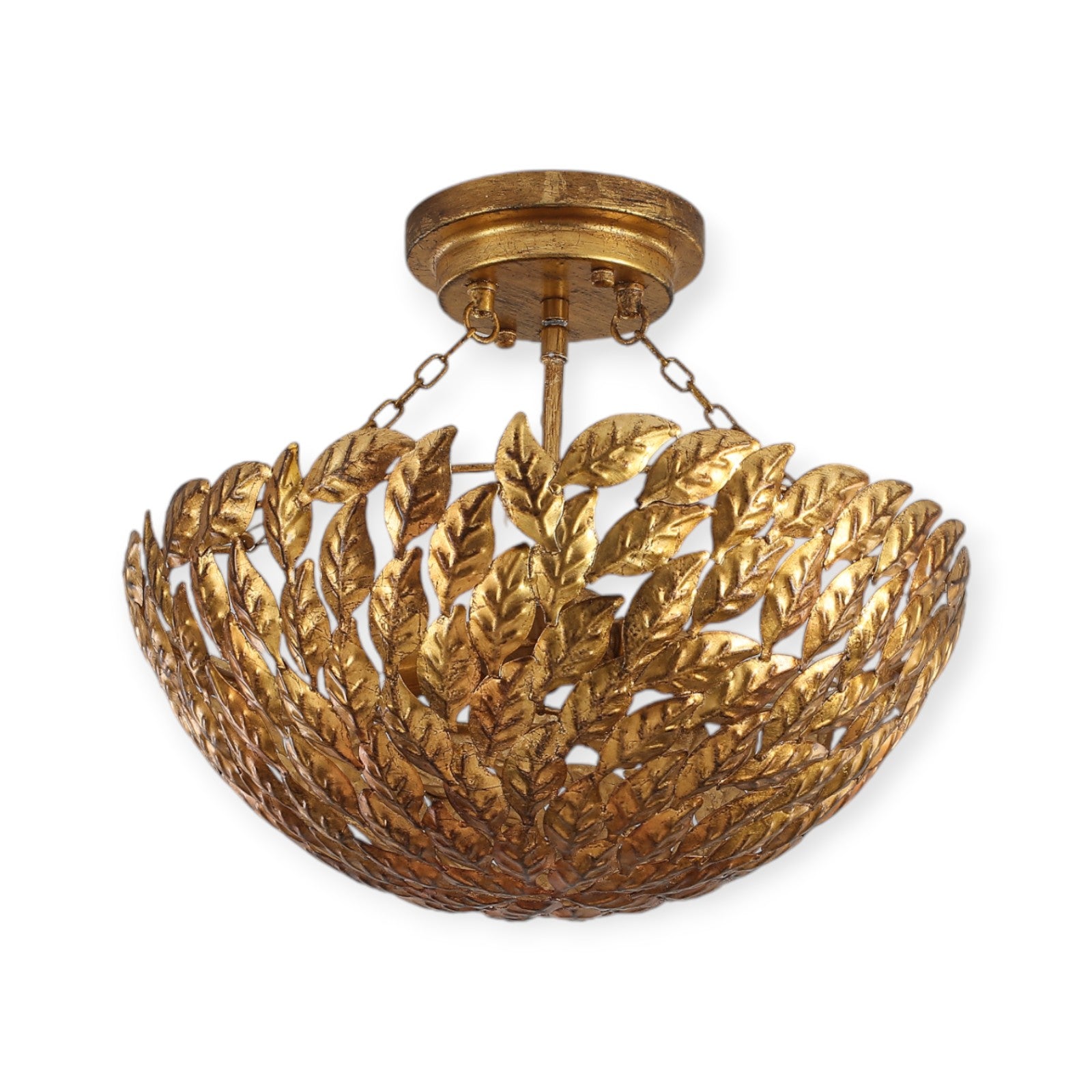 Glowlings 3-Light Vintage 16"Wide Antique Gild Gold Leaf Leaves Round Semi-Flush Mount