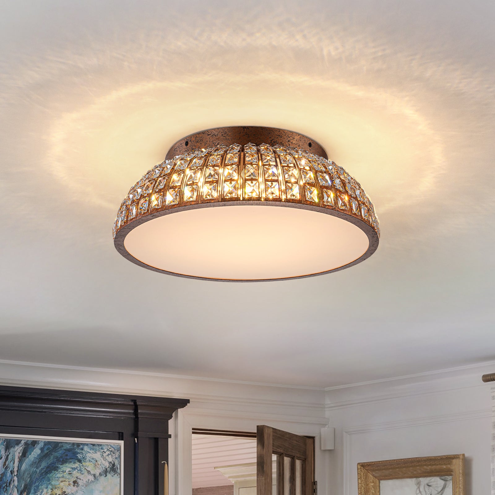 Glowlings 3-Light Vintage 22"Wide Dome Antique Brass LED Crystal Flush Mount Ceiling Light