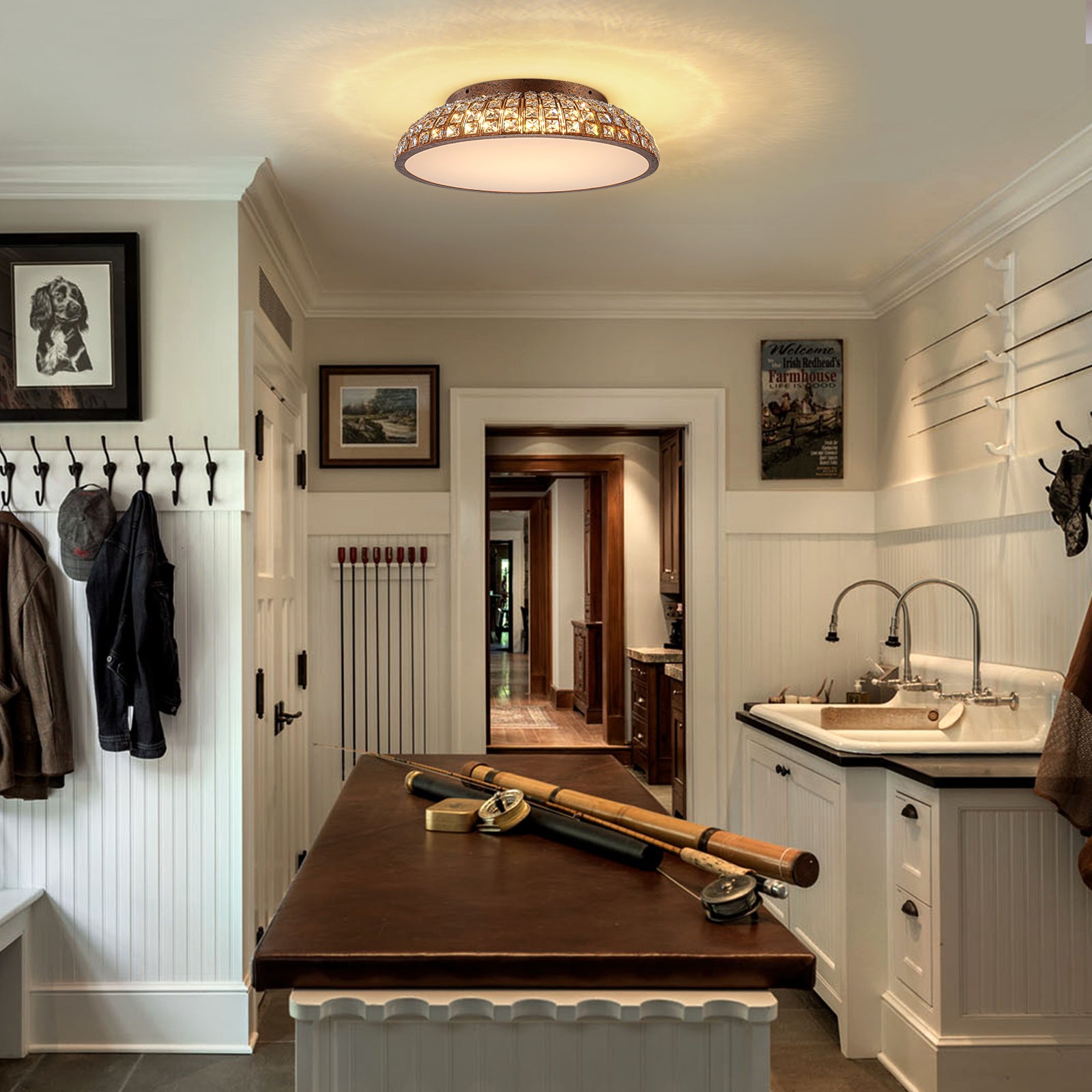 Glowlings 3-Light Vintage 22"Wide Dome Antique Brass LED Crystal Flush Mount Ceiling Light