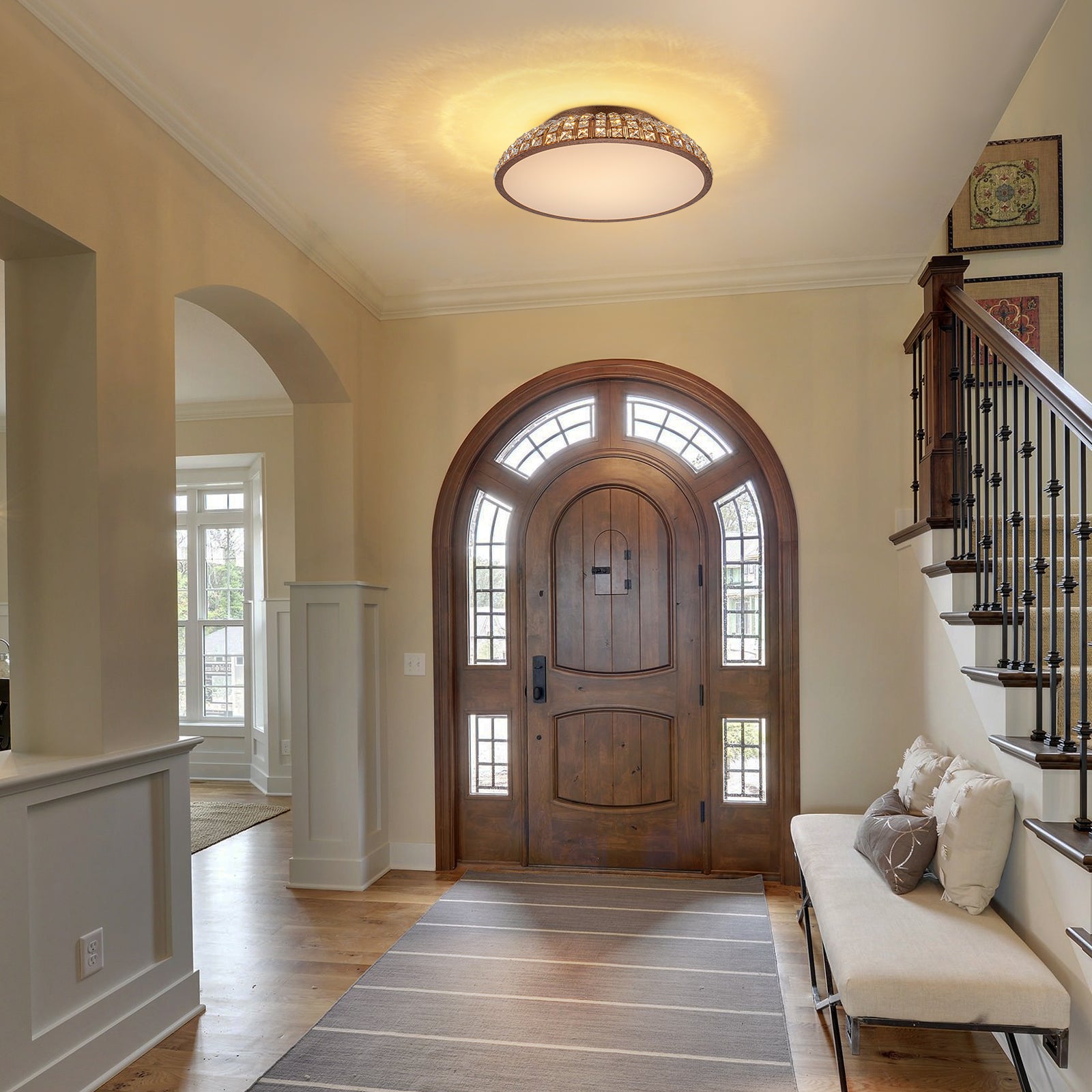 Glowlings 3-Light Vintage 22"Wide Dome Antique Brass LED Crystal Flush Mount Ceiling Light