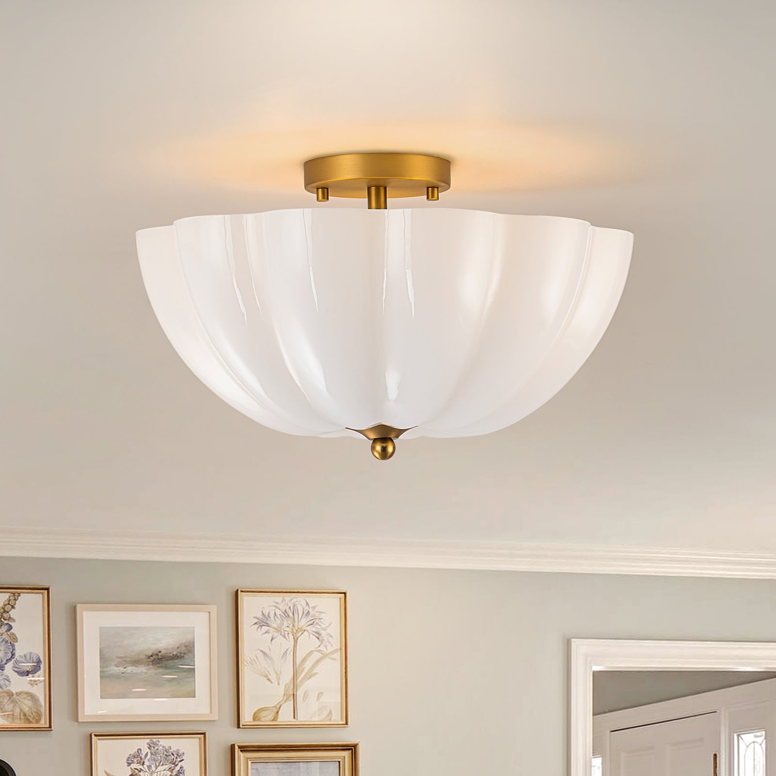 Glowlings 3-flammige Vintage-Deckenleuchte, 40,6 cm breit, mattiertes Wolkenglas, halbbündige Montage