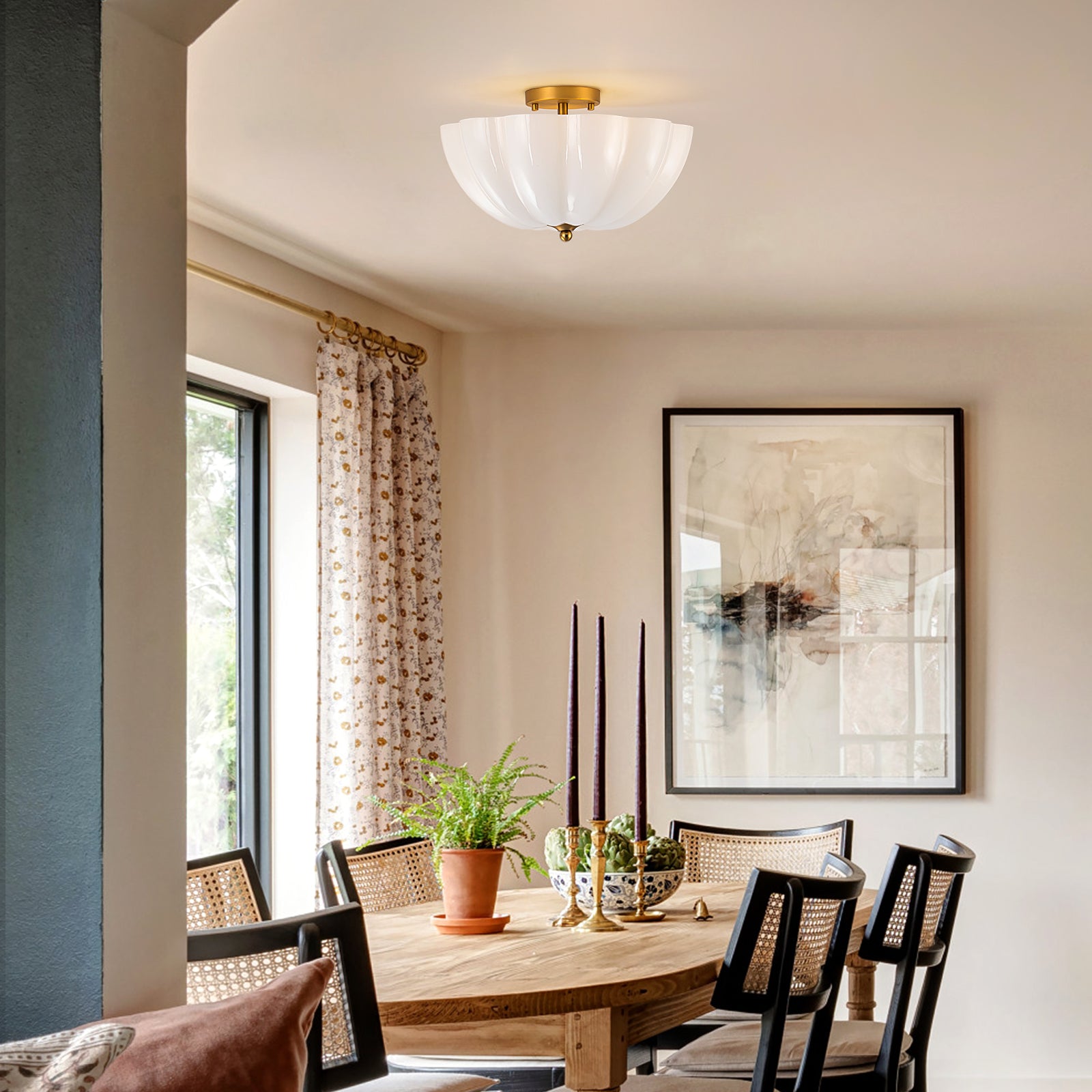 Glowlings 3-flammige Vintage-Deckenleuchte, 40,6 cm breit, mattiertes Wolkenglas, halbbündige Montage