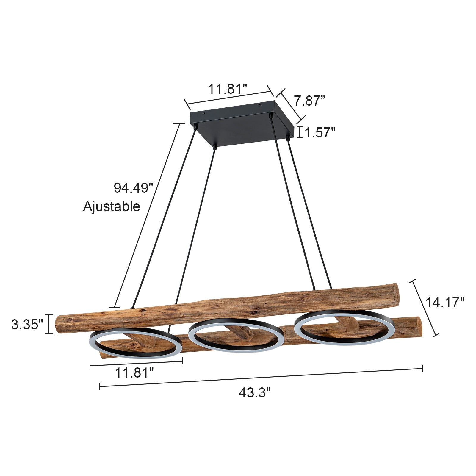 Glowlings 3-Light Vintage 43"Wide Rectangular LED Linear Wooden Pendant Light Island Light