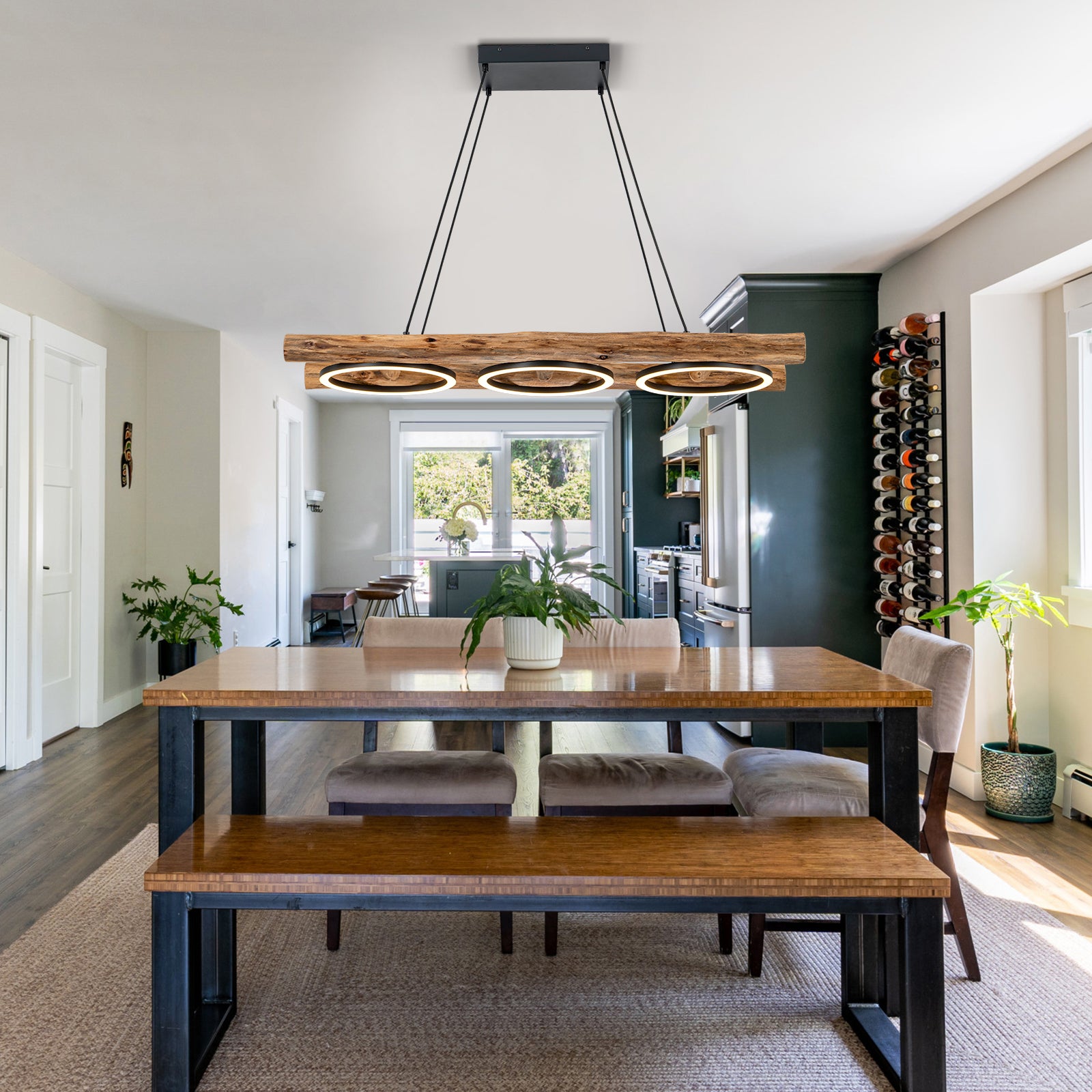 Glowlings 3-Light Vintage 43"Wide Rectangular LED Linear Wooden Pendant Light Island Light