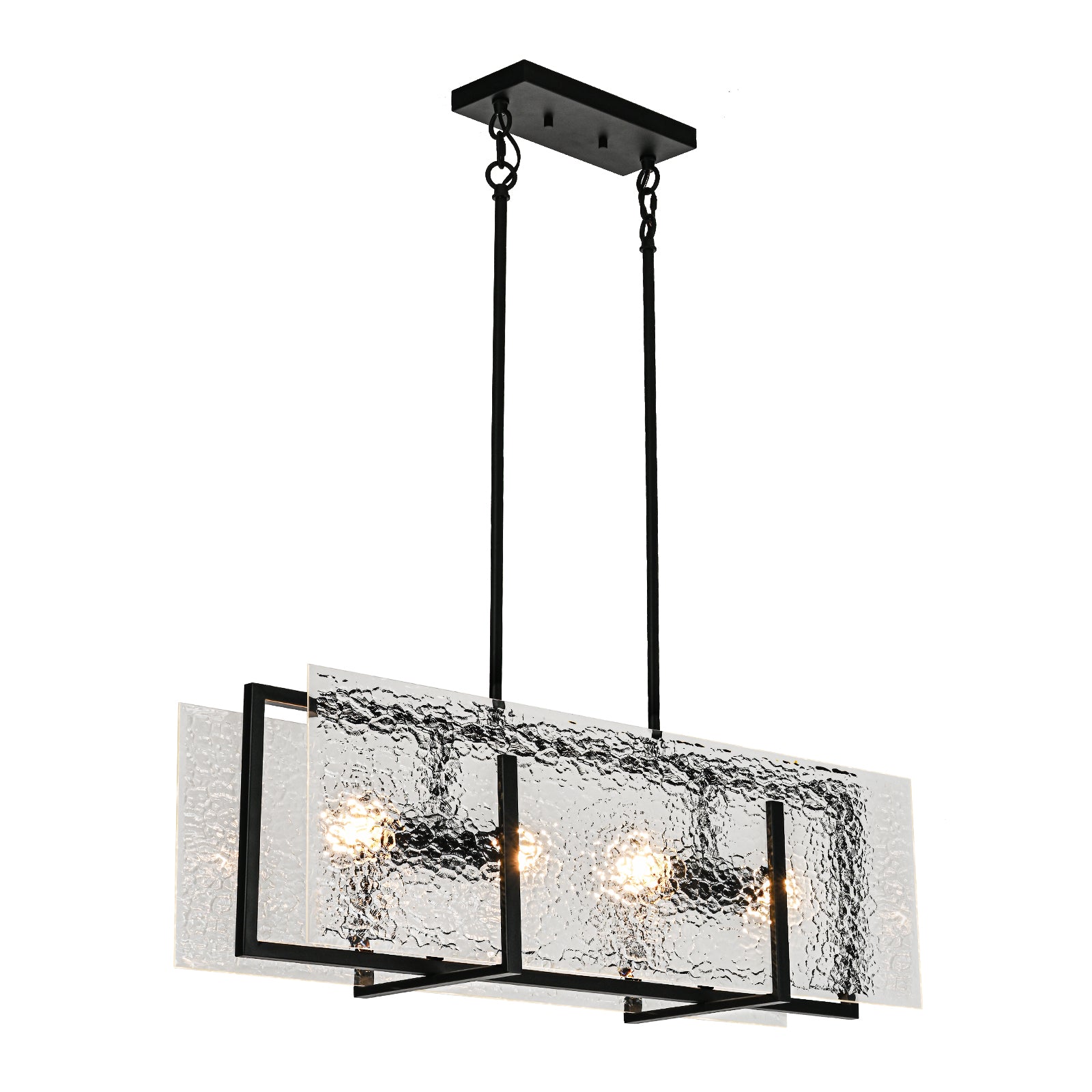 Glowlings 4-Light Modern 35"Wide Black Rectangular Textured Water Ripple Glass Chandelier