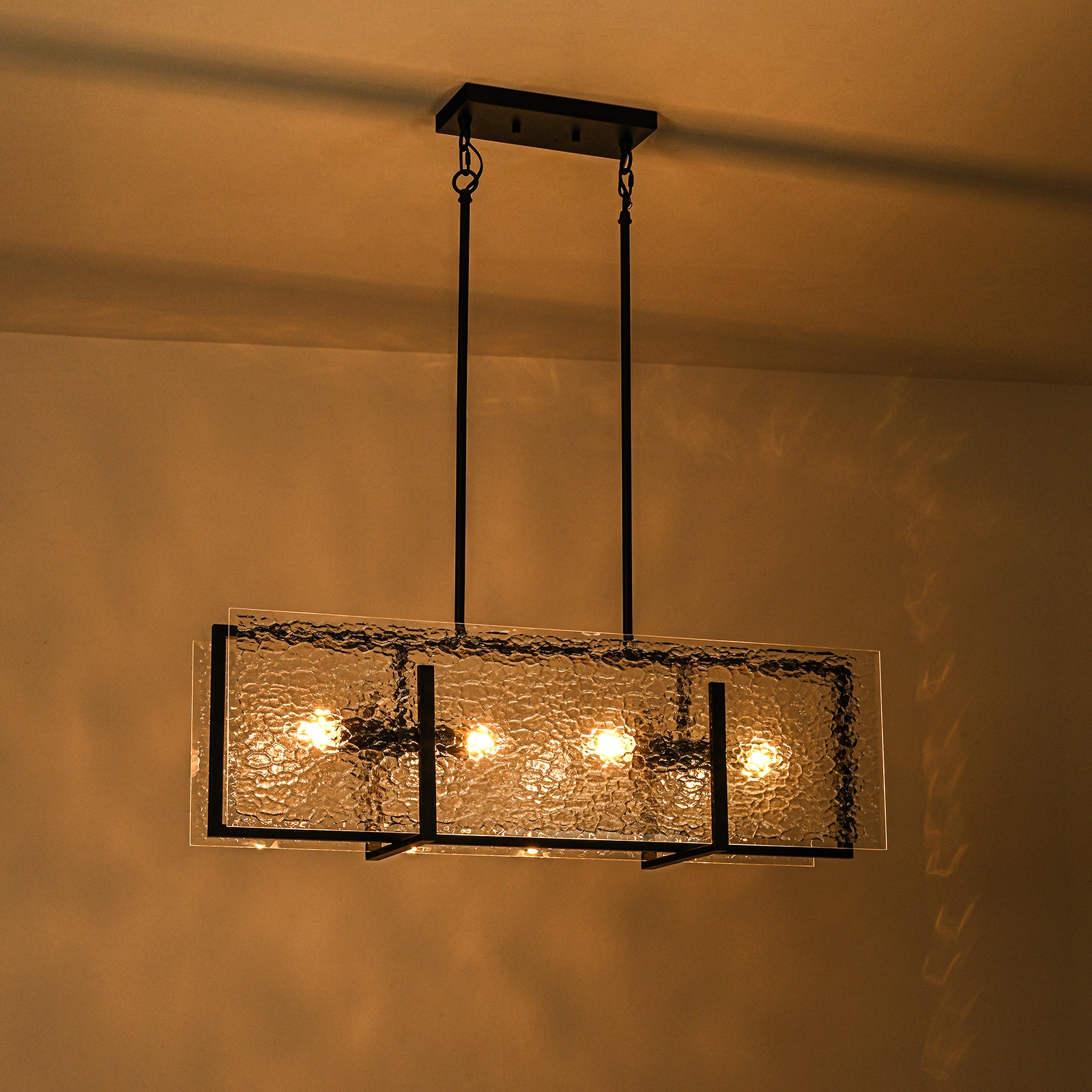 Glowlings 4-Light Modern 35"Wide Black Rectangular Textured Water Ripple Glass Chandelier
