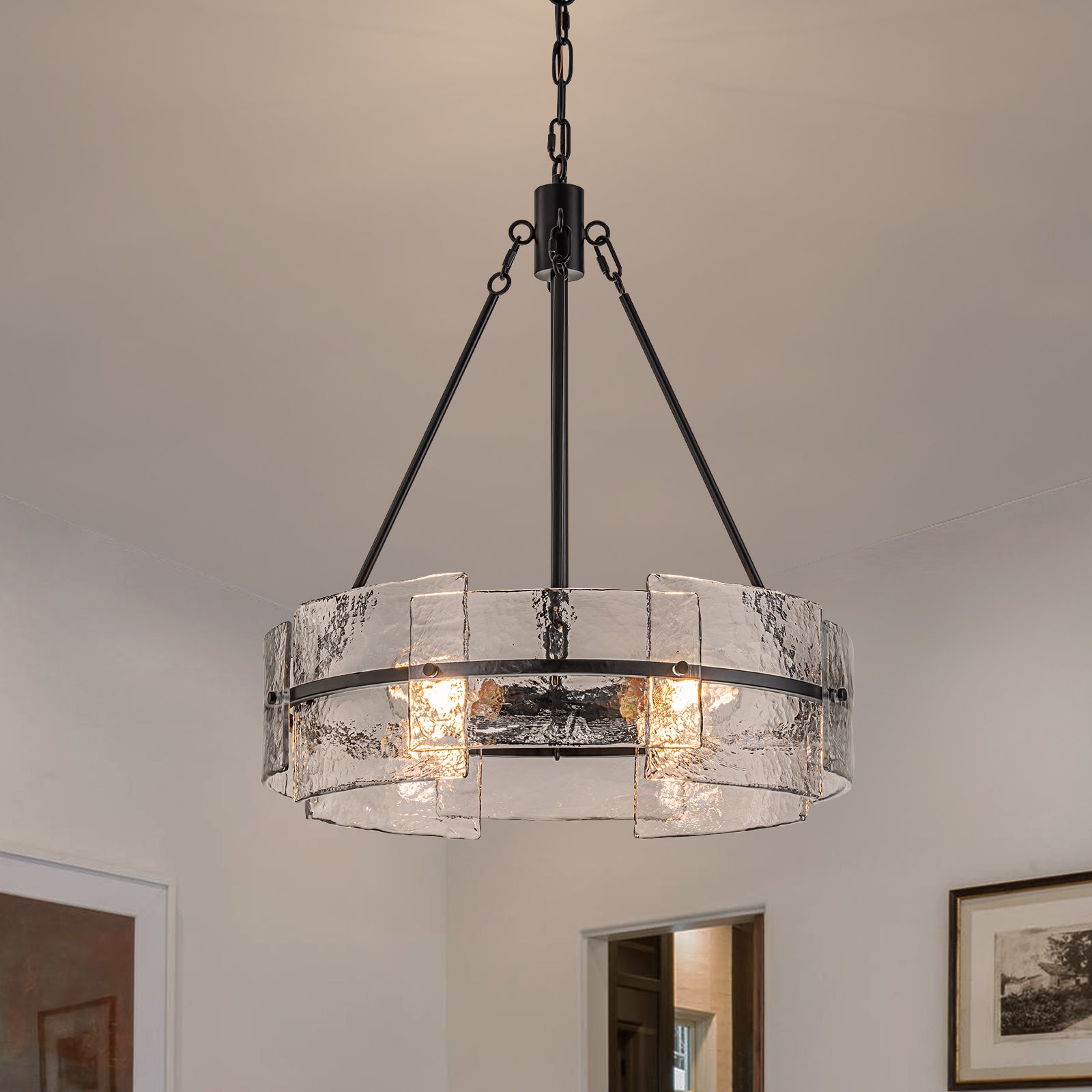 Glowlings 4-Light Modern Black Round Glass Chandelier with Water Ripple Clear Shade