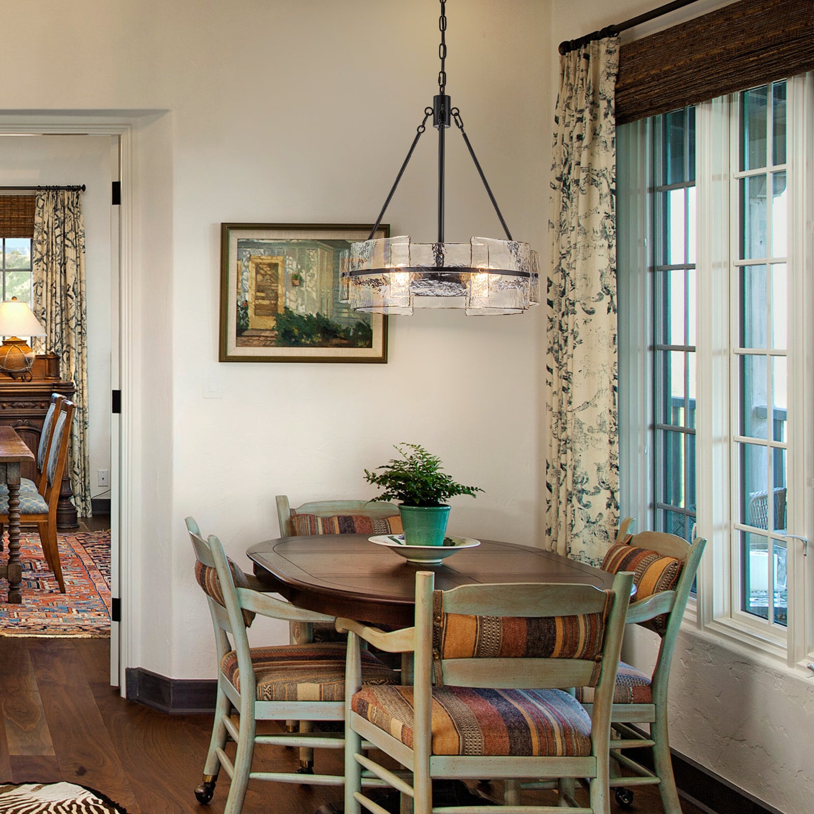 Glowlings 4-Light Modern Black Round Glass Chandelier with Water Ripple Clear Shade