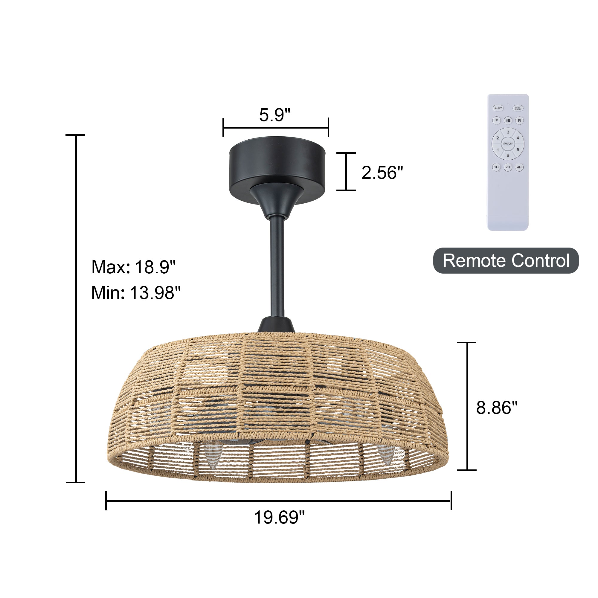 Glowlings 4-Light Boho Handwoven Natural Rope Shade Semi Flush Mount Ceiling Fan with Light for Low Ceilings