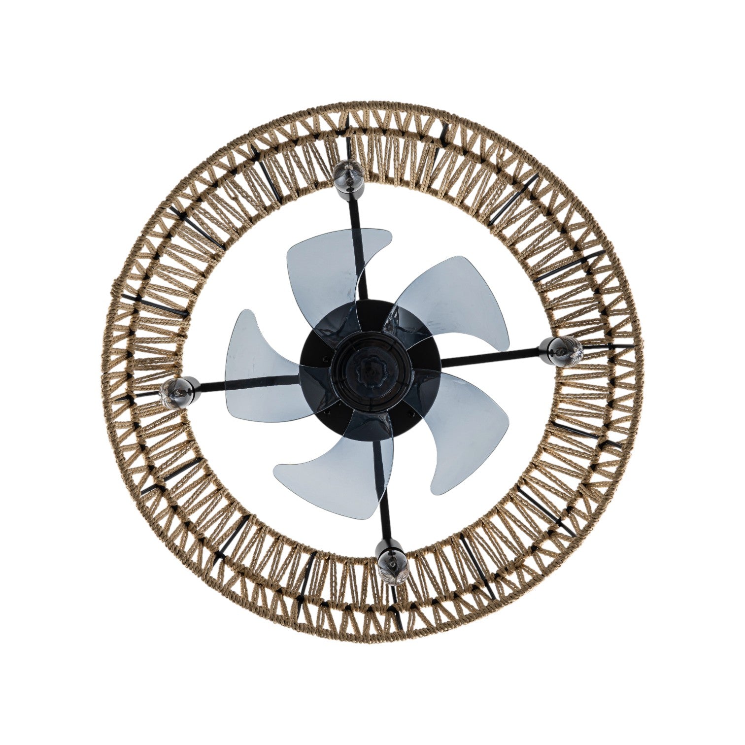 Glowlings 4-Light Boho Handwoven Natural Rope Shade Semi Flush Mount Ceiling Fan with Light for Low Ceilings