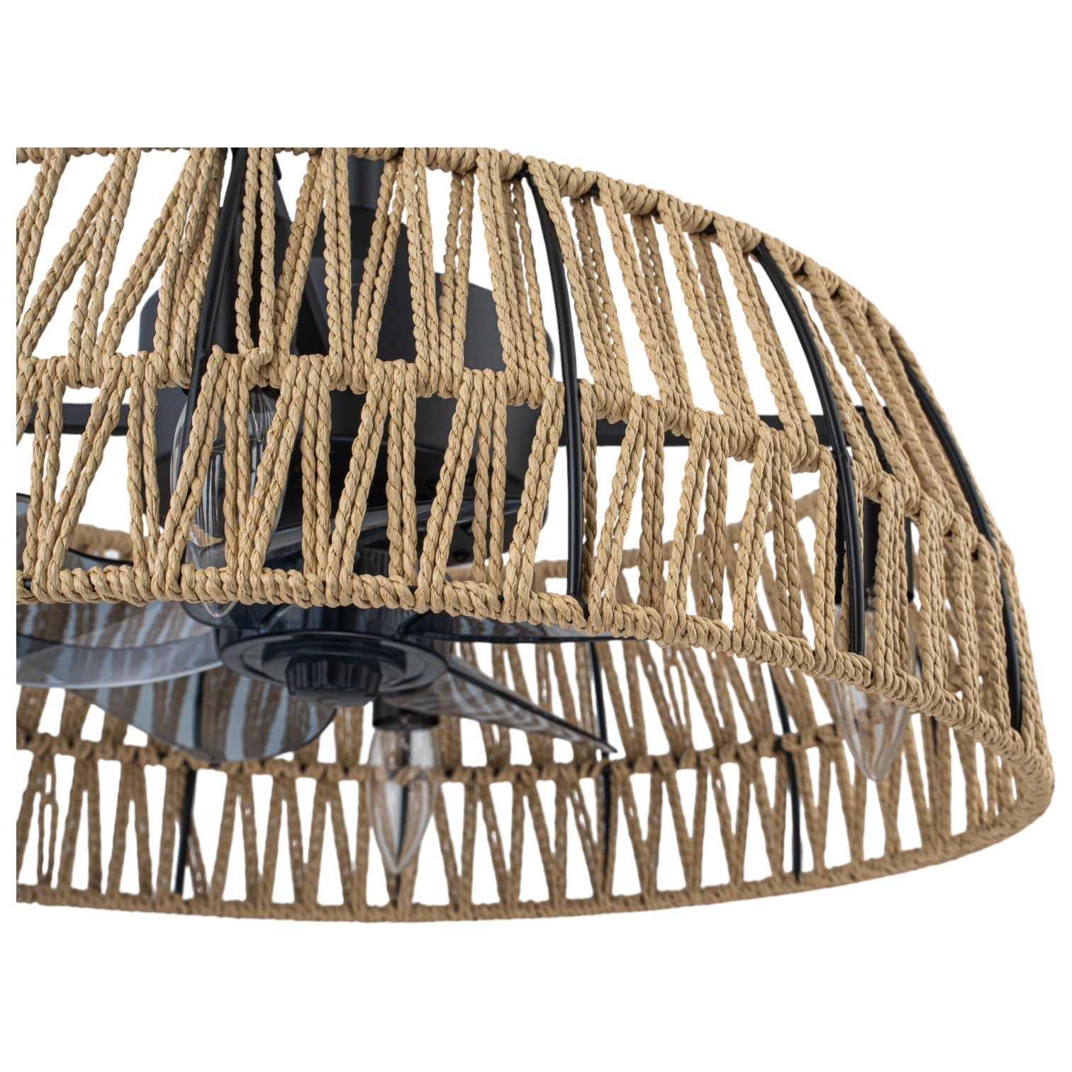 Glowlings 4-Light Boho Handwoven Natural Rope Shade Semi Flush Mount Ceiling Fan with Light for Low Ceilings