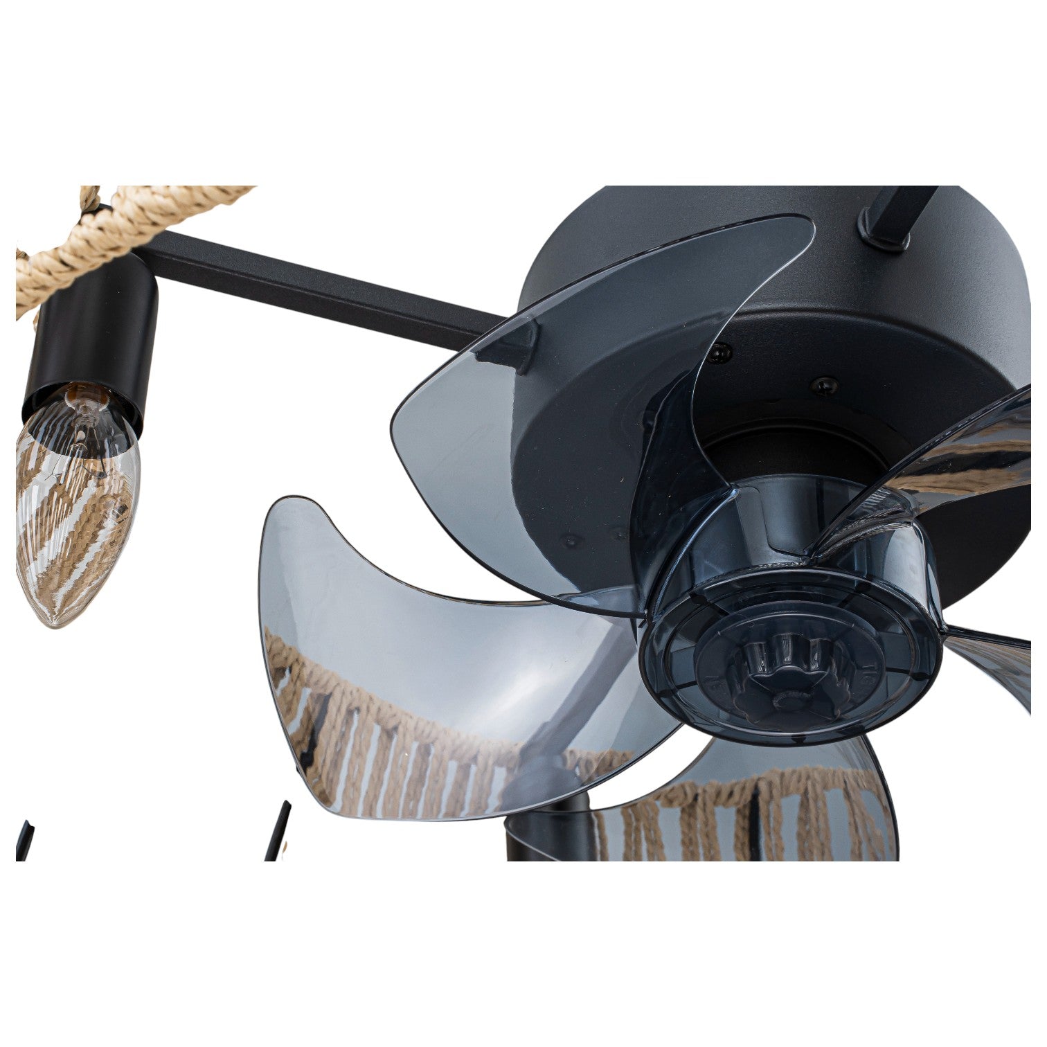 Glowlings 4-Light Boho Handwoven Natural Rope Shade Semi Flush Mount Ceiling Fan with Light for Low Ceilings