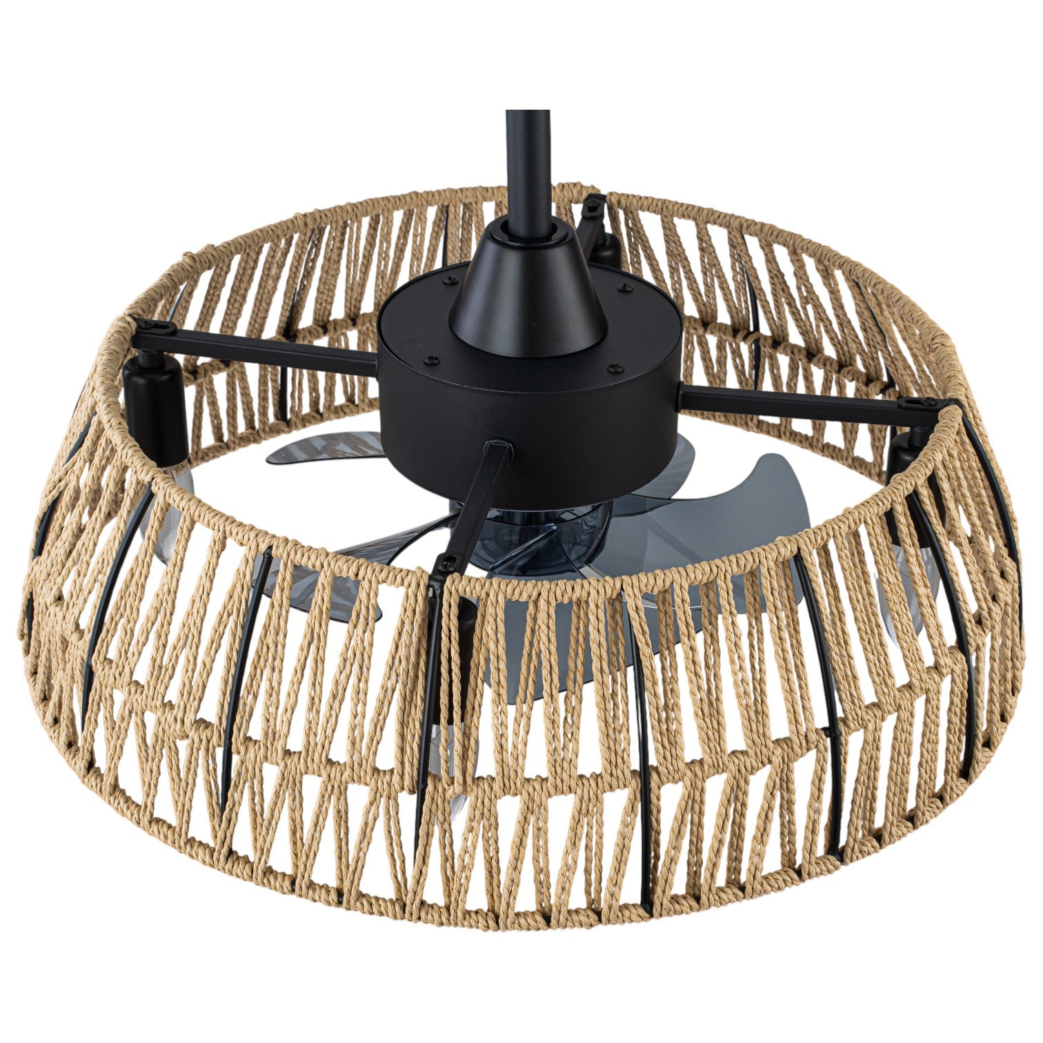 Glowlings 4-Light Boho Handwoven Natural Rope Shade Semi Flush Mount Ceiling Fan with Light for Low Ceilings