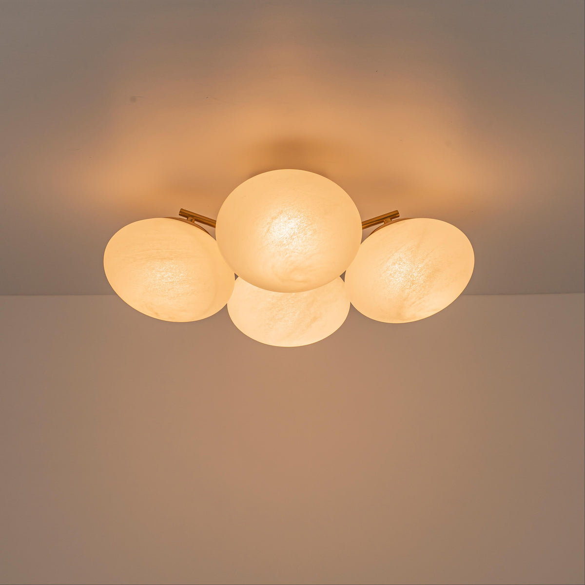 Glowlings Modern 4-Light Brass Gold Sputnik Semi Flush Mount Ceiling Light, Frosted Opal Glass Globe Shade