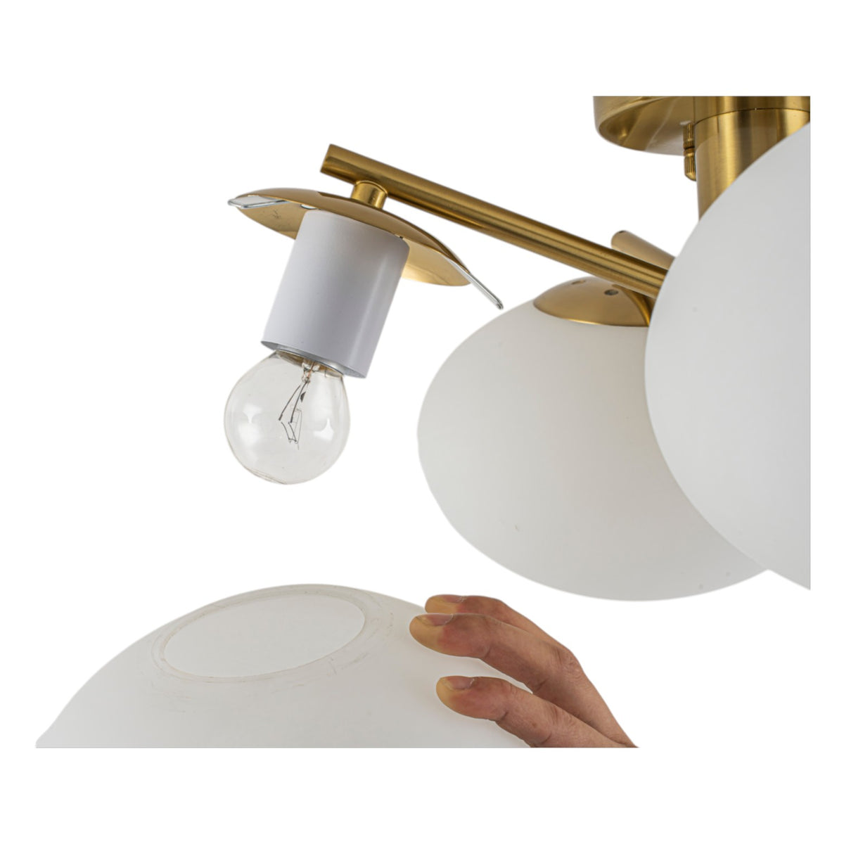 Glowlings Modern 4-Light Brass Gold Sputnik Semi Flush Mount Ceiling Light, Frosted Opal Glass Globe Shade