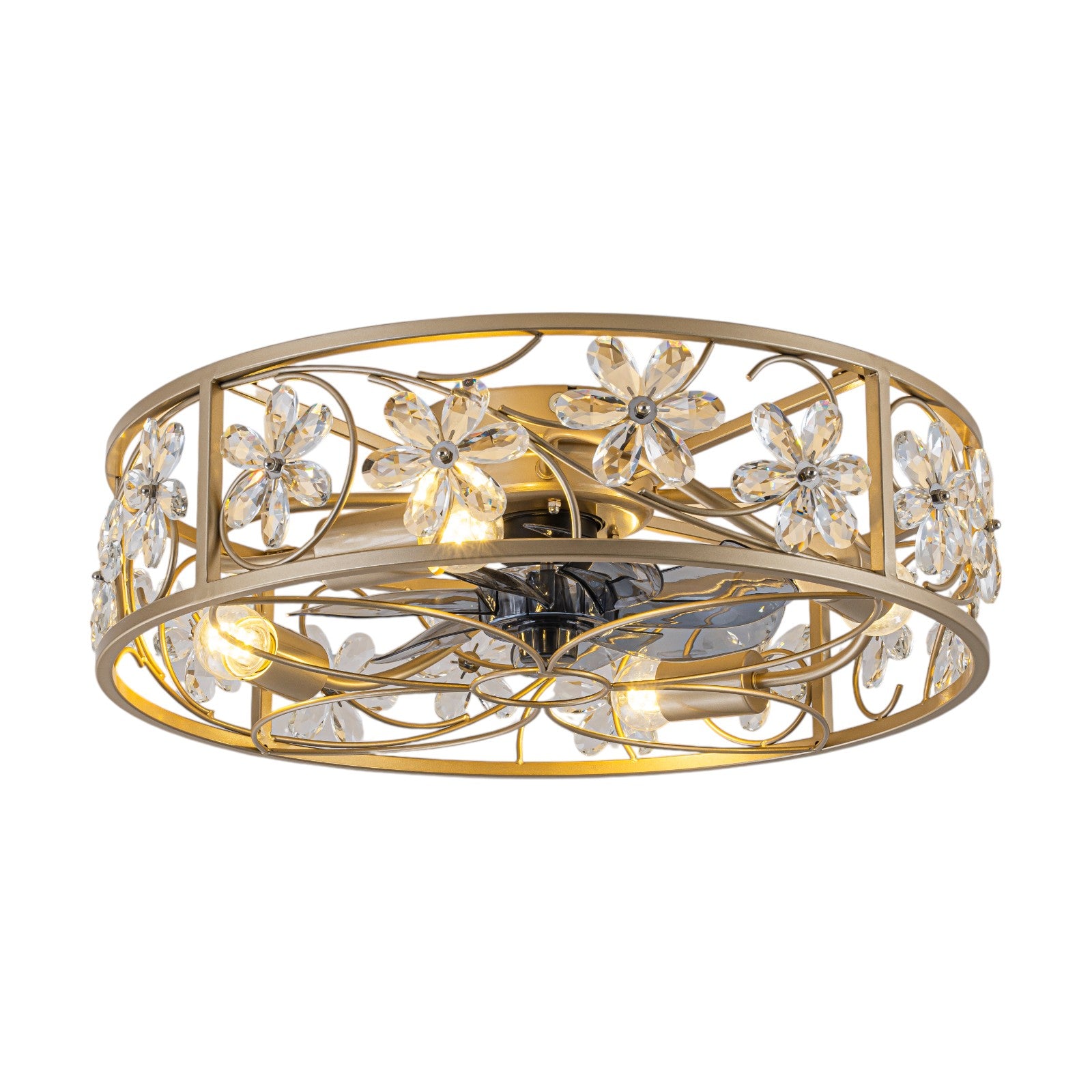 Glowlings 4-Light Luxury Caged Gold Crystal Flower Accents Remote Control Ceiling Fan with Light