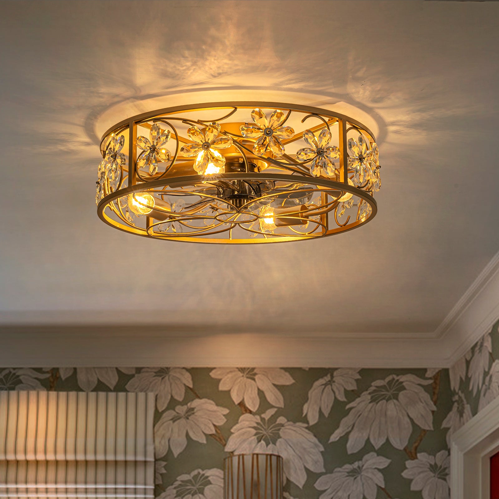 Glowlings Modern Glam Gold Ceiling Fan with Light - 4-Light Crystal Flower Caged Fandelier, Luxury Integrated LED Flush Mount Fan with Remote