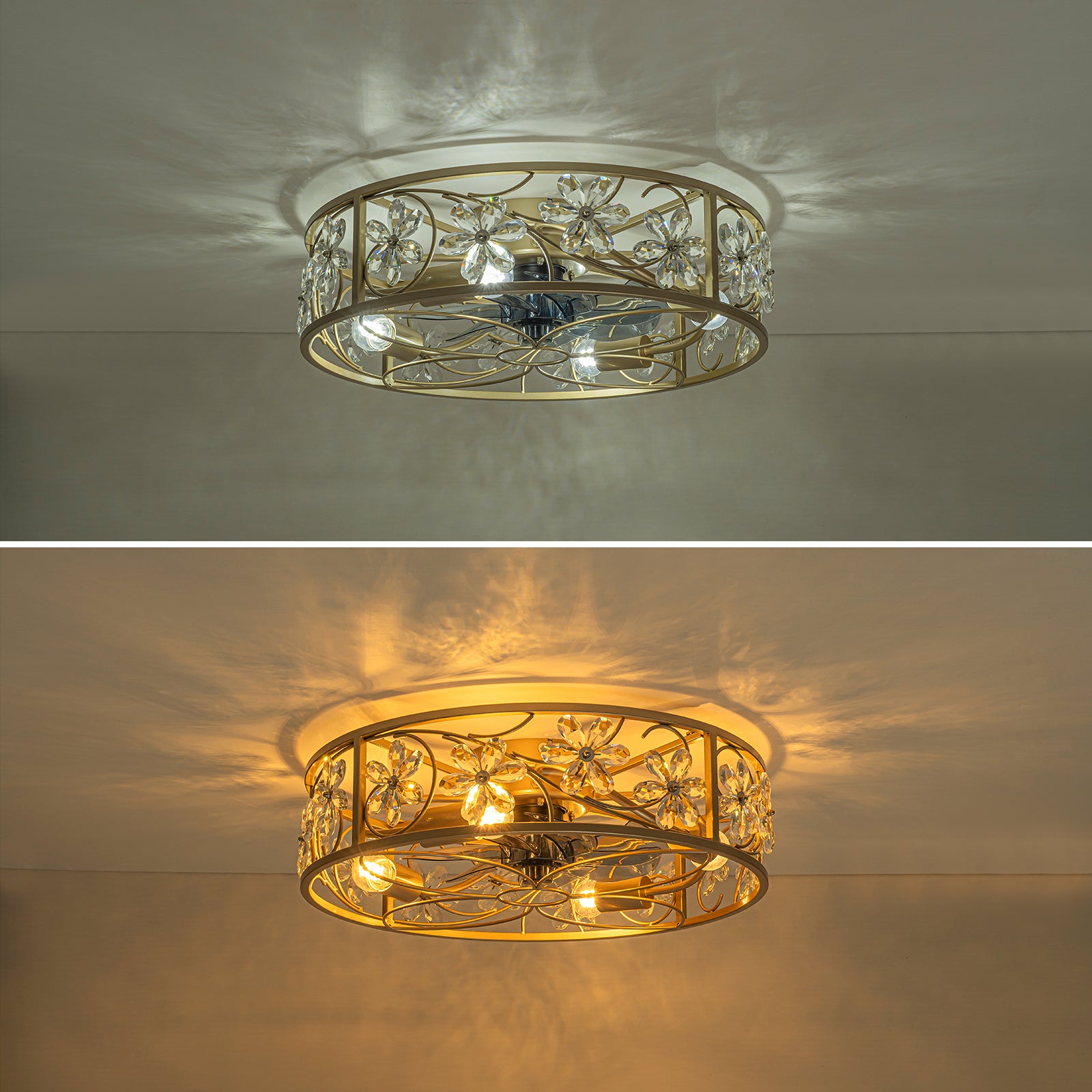 Glowlings Modern Glam Gold Ceiling Fan with Light - 4-Light Crystal Flower Caged Fandelier, Luxury Integrated LED Flush Mount Fan with Remote
