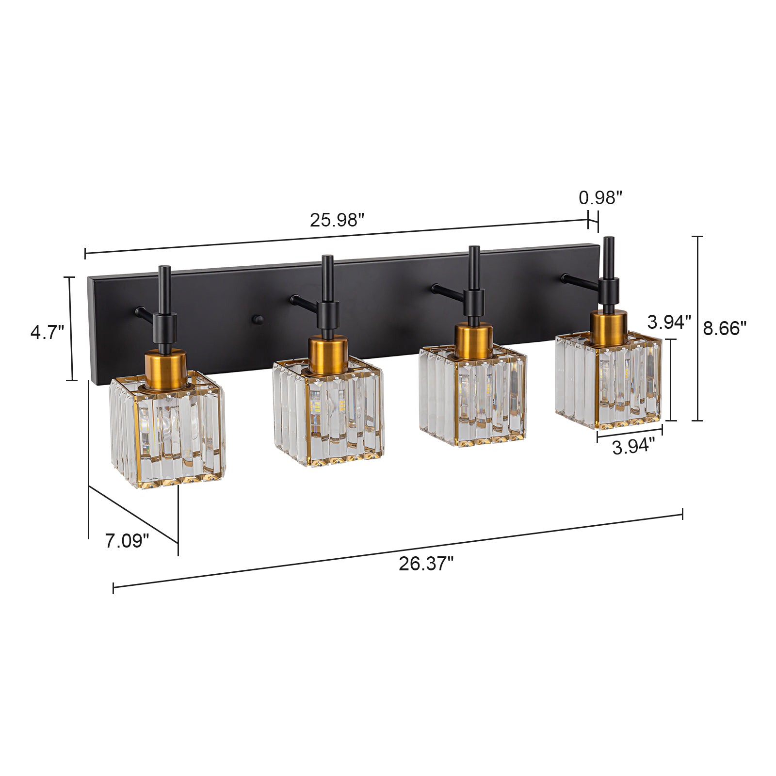 Glowlings 4-Light Dimmable Pole Square Crystal Bath Vanity Light for Bathroom