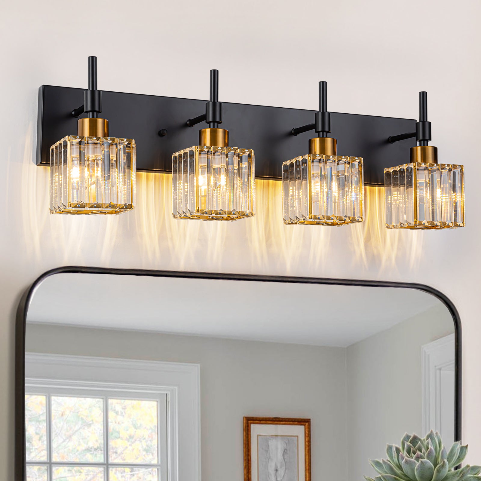 Glowlings 4-Light Dimmable Pole Square Crystal Bath Vanity Light for Bathroom