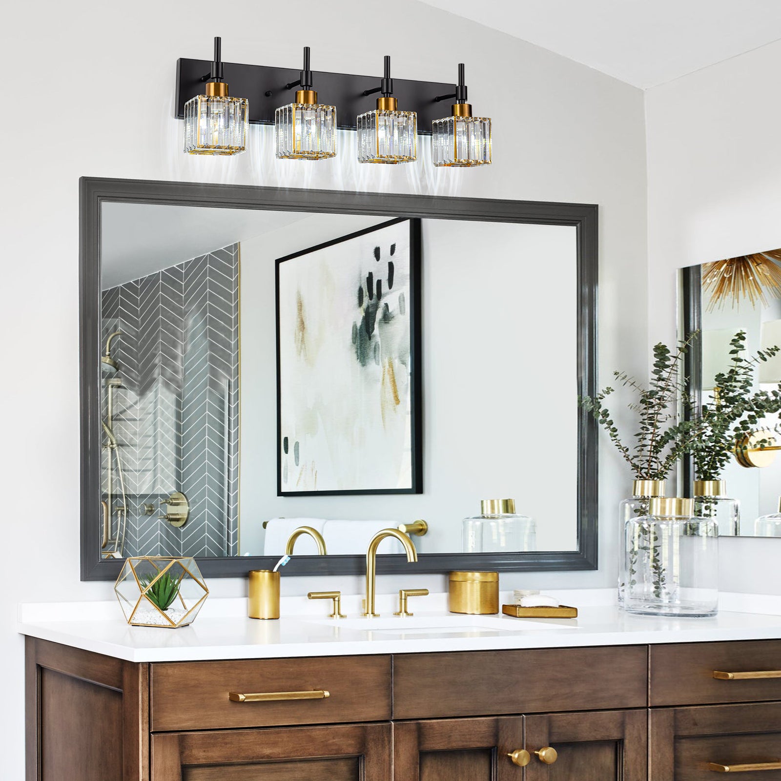 Glowlings 4-Light Dimmable Pole Square Crystal Bath Vanity Light for Bathroom