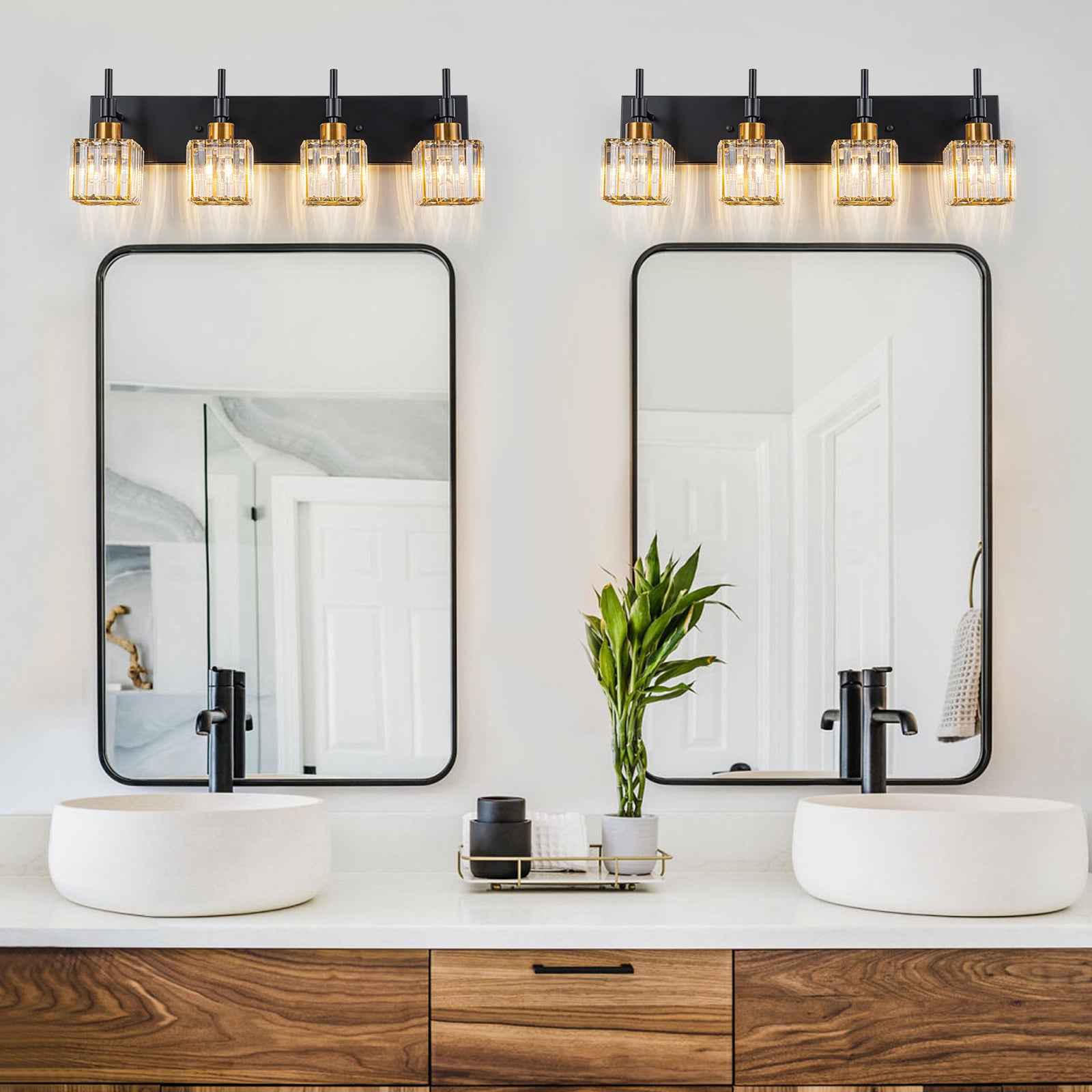 Glowlings 4-Light Dimmable Pole Square Crystal Bath Vanity Light for Bathroom
