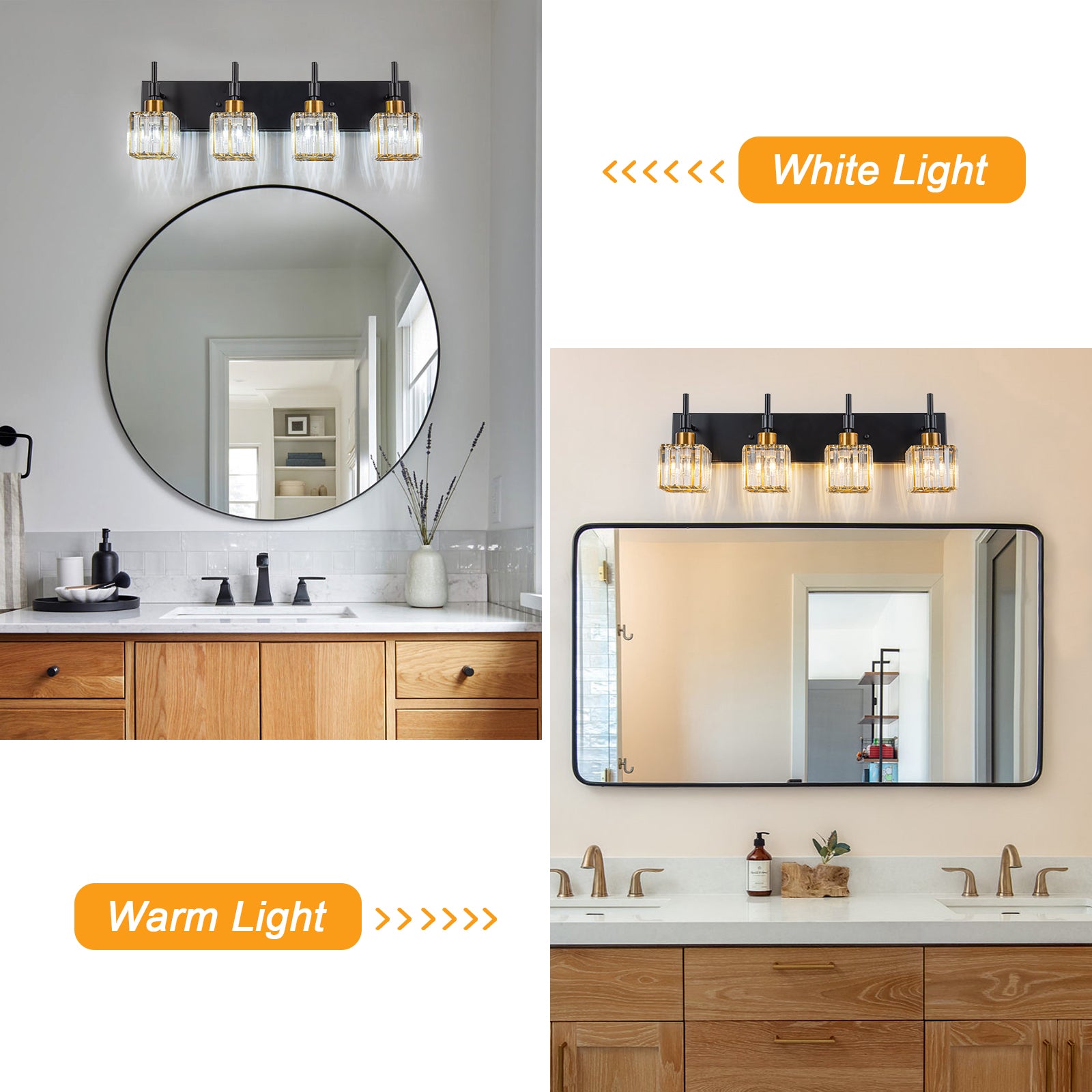 Glowlings 4-Light Dimmable Pole Square Crystal Bath Vanity Light for Bathroom