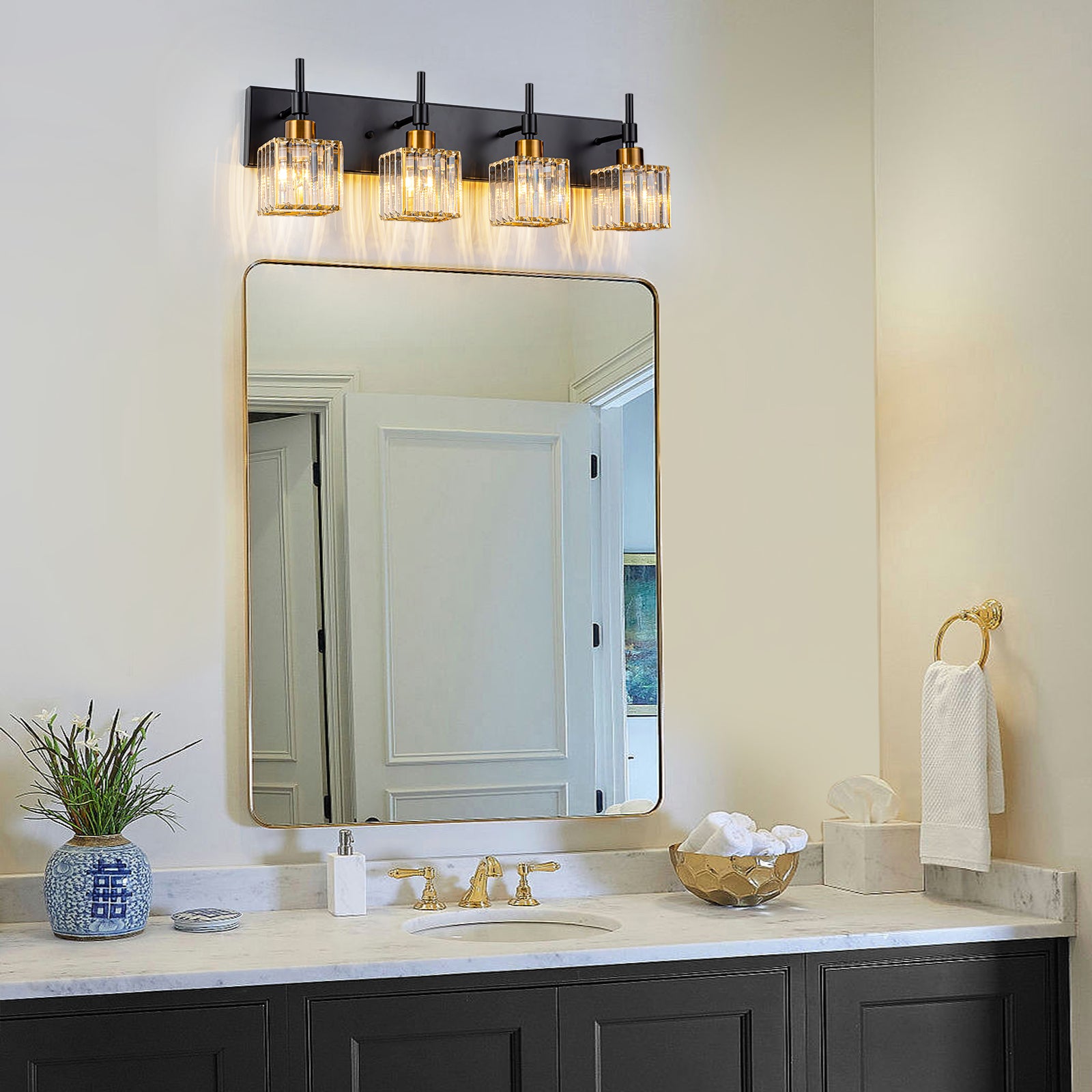 Glowlings 4-Light Dimmable Pole Square Crystal Bath Vanity Light for Bathroom