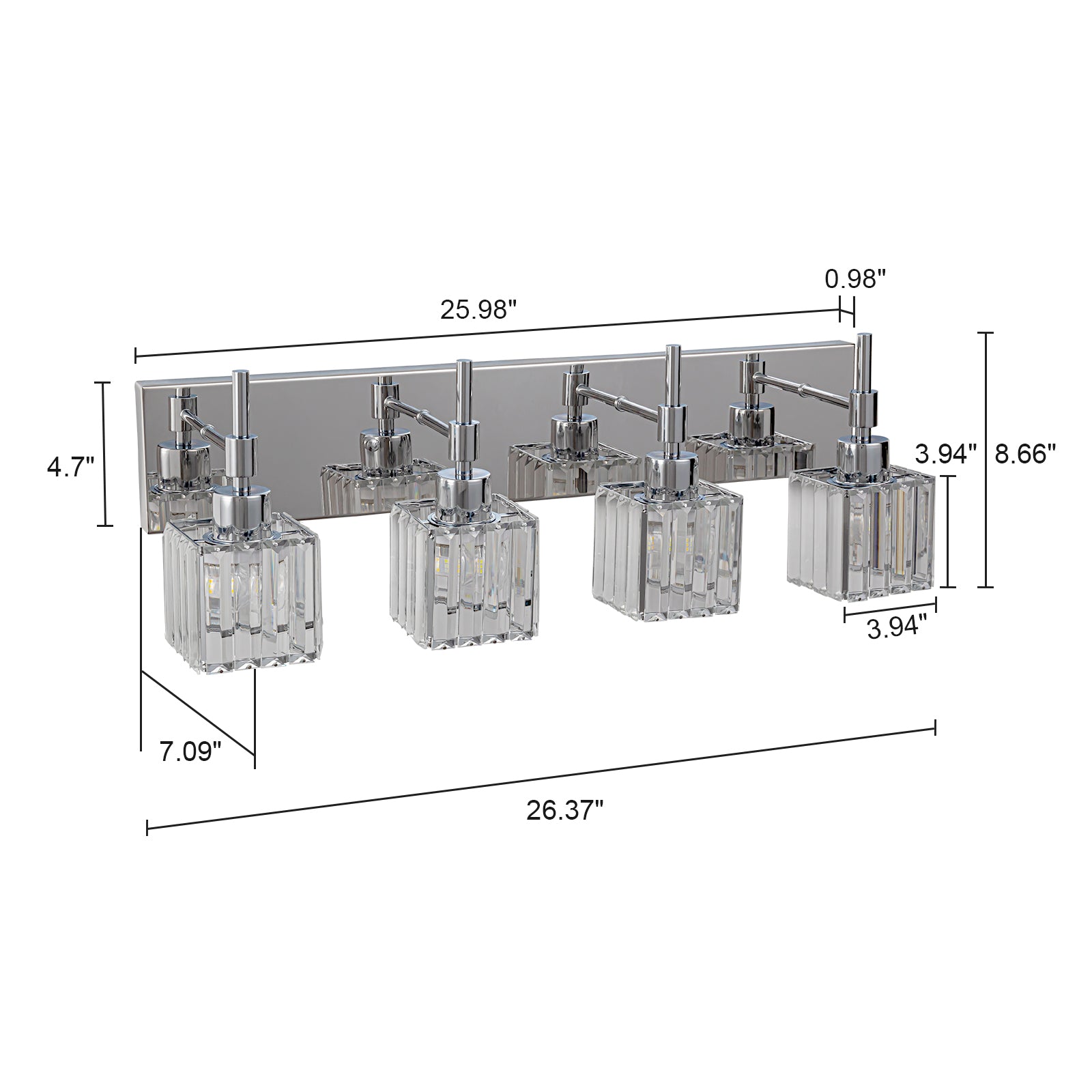 Glowlings 4-Light Dimmable Pole Square Crystal Bath Vanity Light for Bathroom