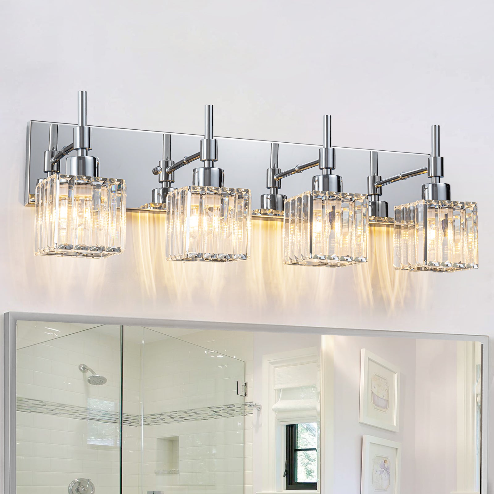 Glowlings 4-Light Dimmable Pole Square Crystal Bath Vanity Light for Bathroom